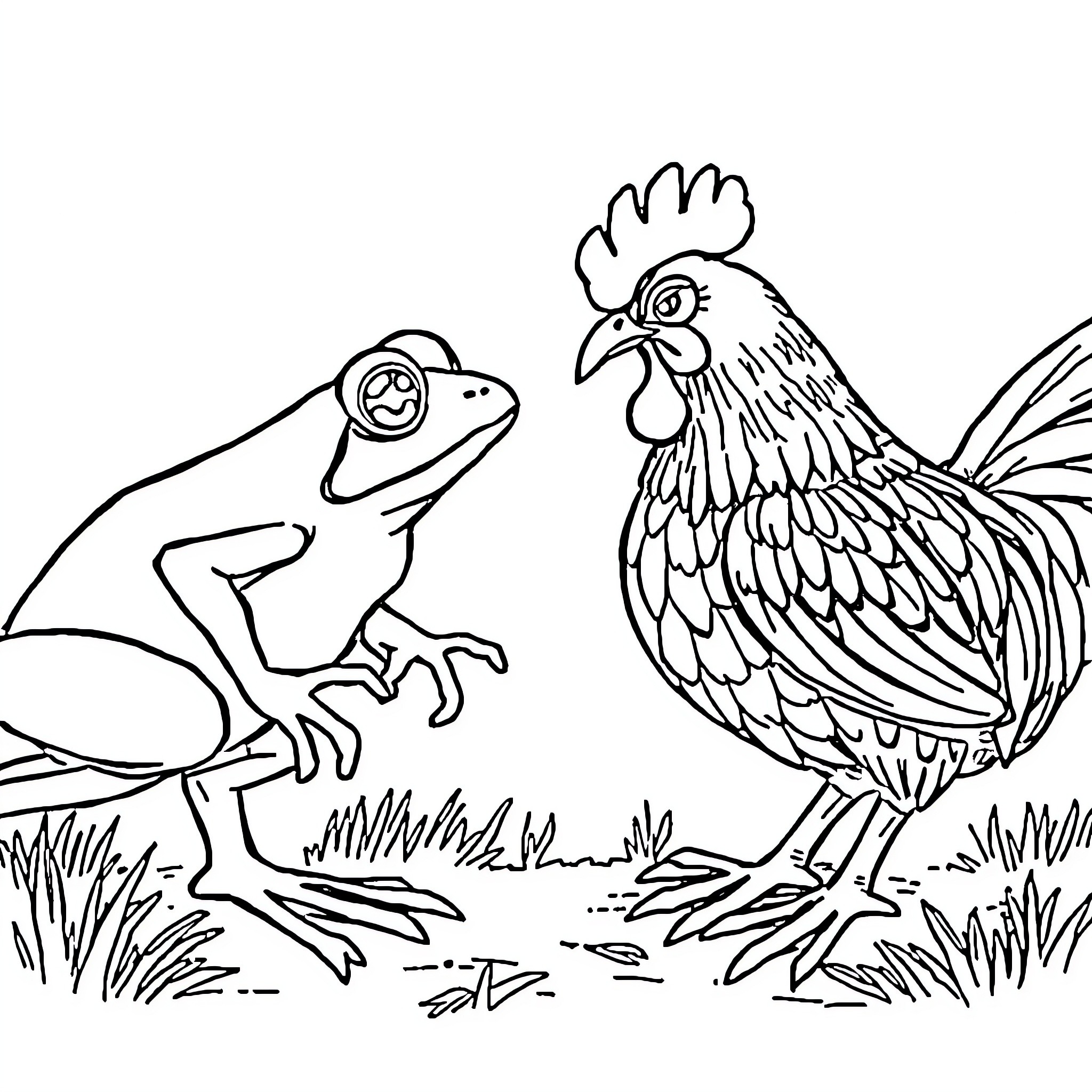 Frog vs Chicken in Animated Encounter Coloring Page (free black-and-white line drawing printable PDF for all, from beginners to advanced learners, including children, teens, adults, and seniors)