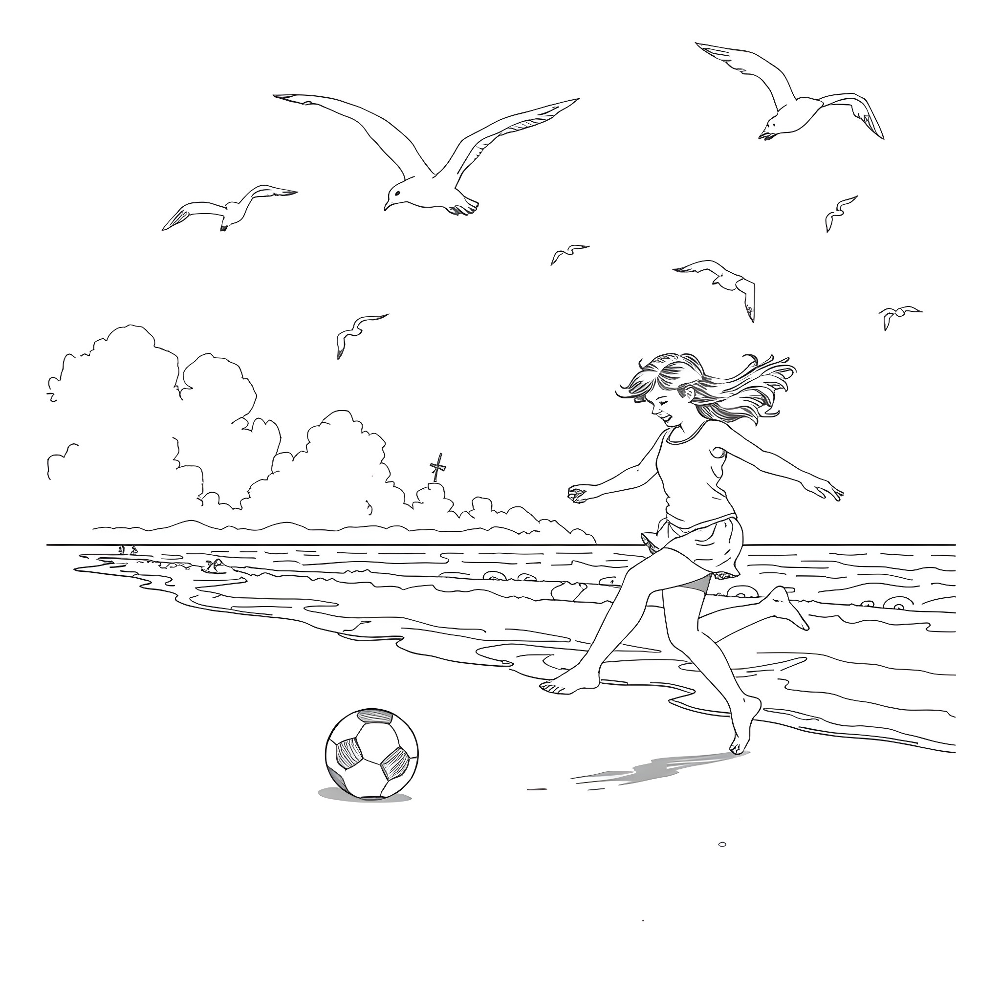 Girl playing soccer on the beach with birds Coloring Page (free black-and-white line drawing printable PDF for all, from beginners to advanced learners, including children, teens, adults, and seniors)