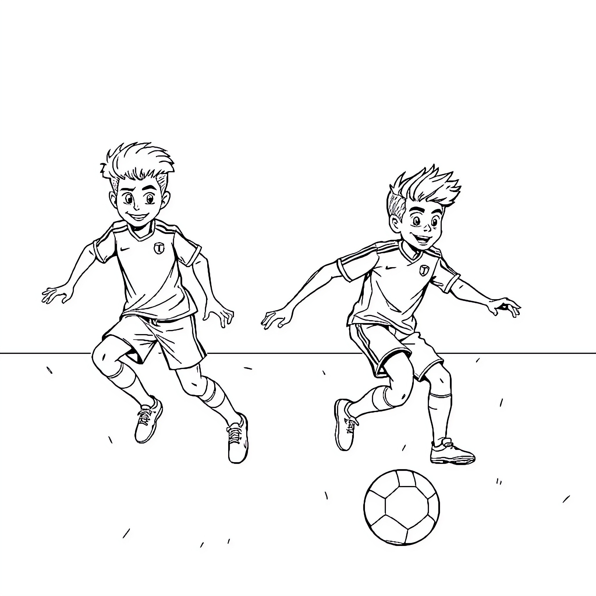 Evoli boys playing soccer enthusiastically Coloring Page (free black-and-white line drawing printable PDF for all, from beginners to advanced learners, including children, teens, adults, and seniors)