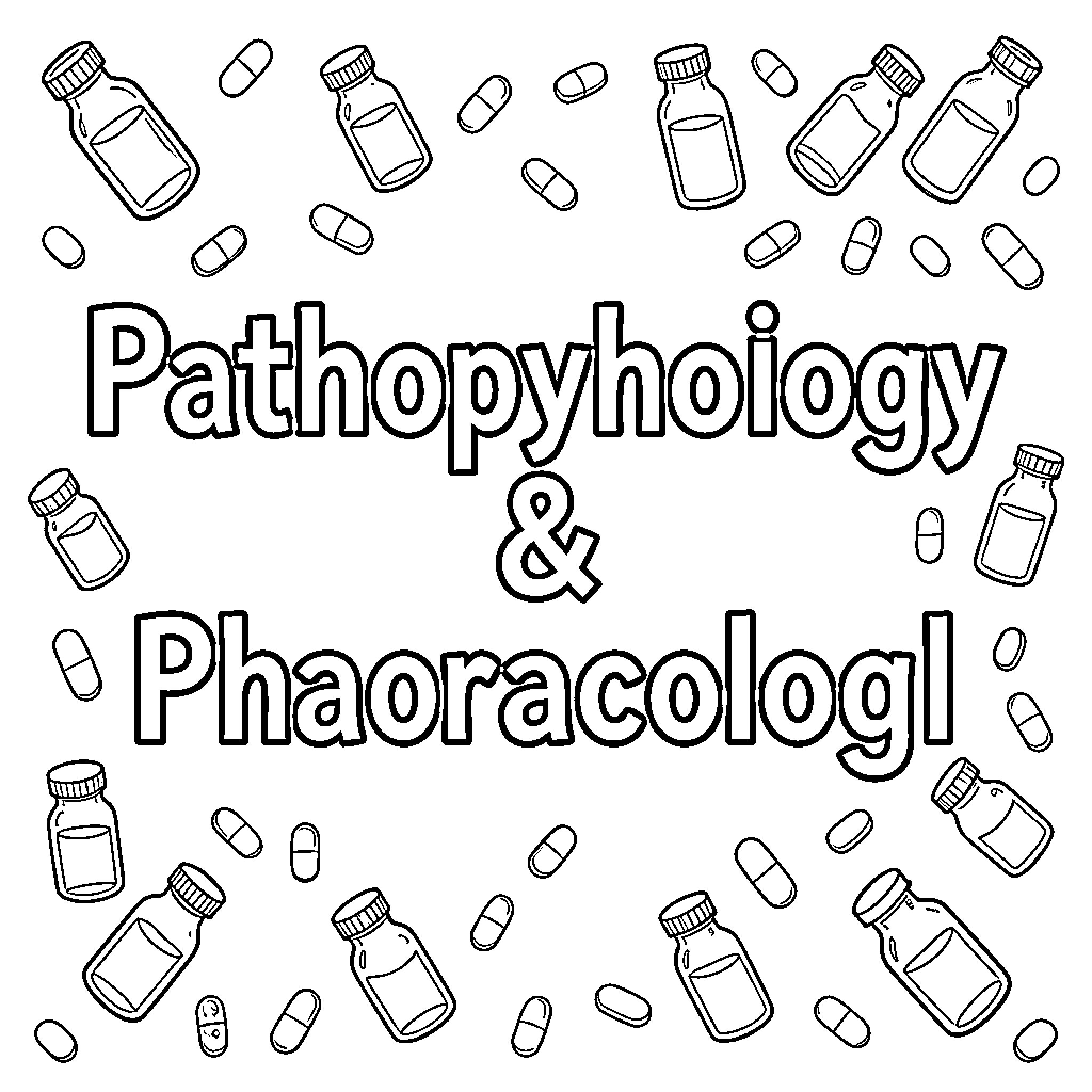 Pharmacology and pathophysiology elements scattered with medical vials Coloring Page (free black-and-white line drawing printable PDF for all, from beginners to advanced learners, including children, teens, adults, and seniors)