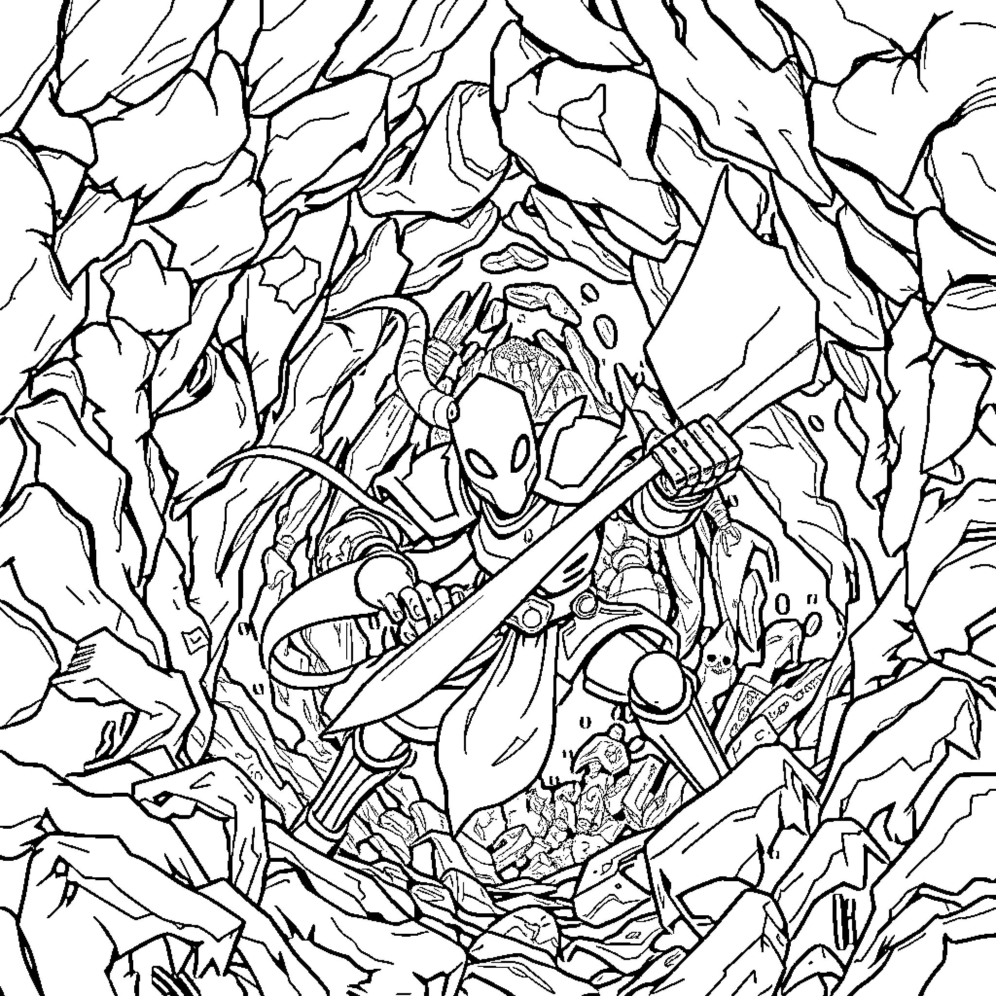 Hollow Knight exploring a mysterious cavern Coloring Page (free black-and-white line drawing printable PDF for all, from beginners to advanced learners, including children, teens, adults, and seniors)