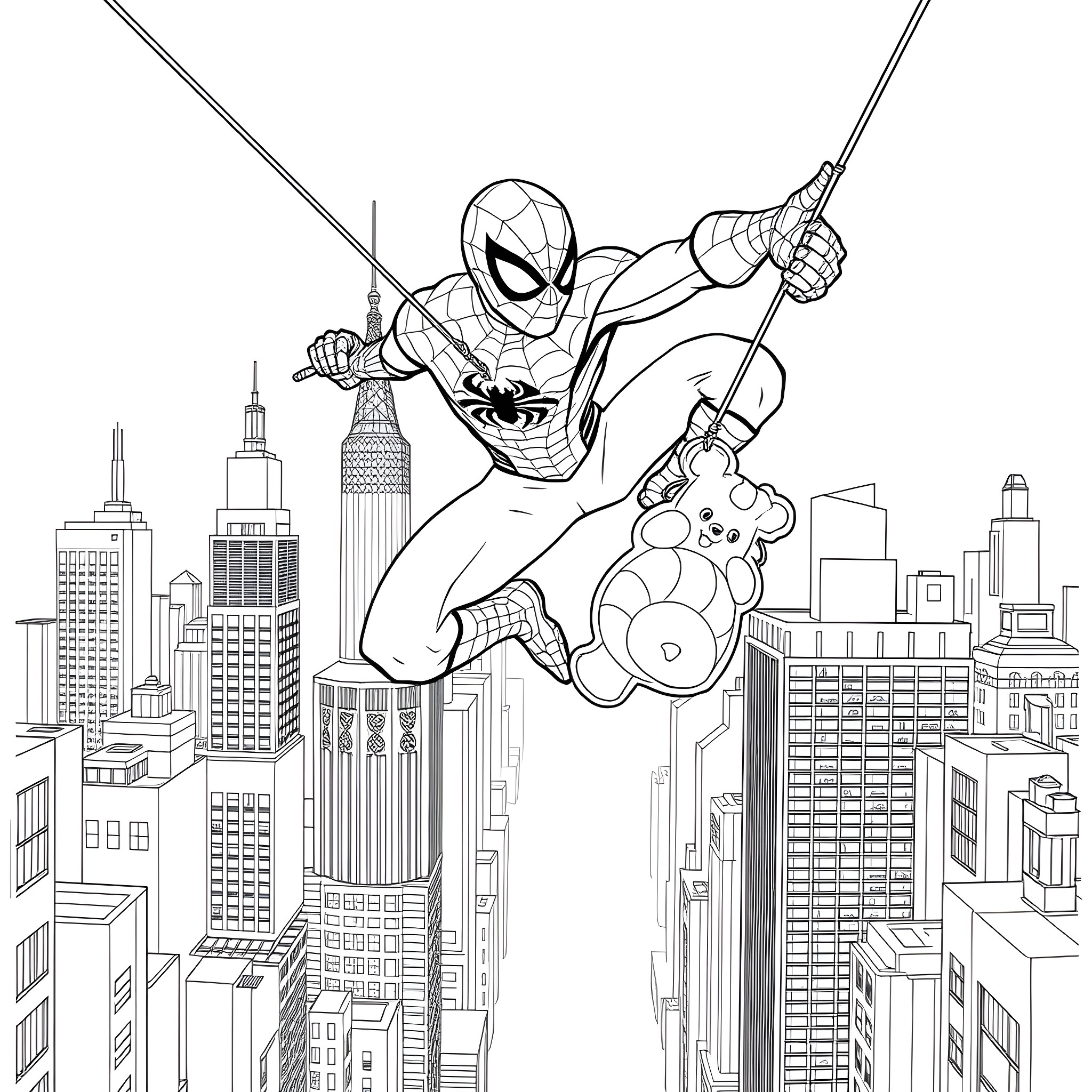 Spiderman swinging through the city with Teddy bear Coloring Page (free black-and-white line drawing printable PDF for all, from beginners to advanced learners, including children, teens, adults, and seniors)