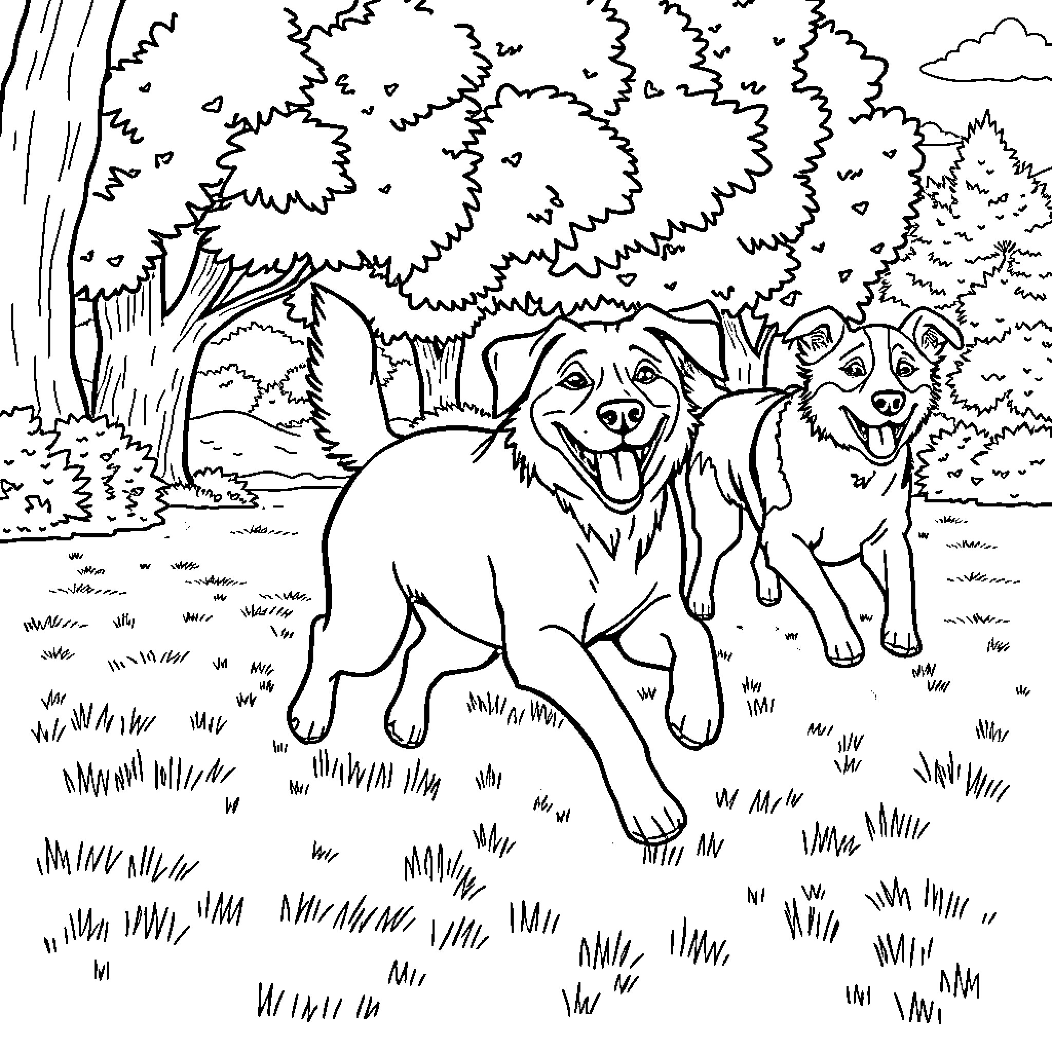 Labrador dogs playing in the forest Coloring Page (free black-and-white line drawing printable PDF for all, from beginners to advanced learners, including children, teens, adults, and seniors)