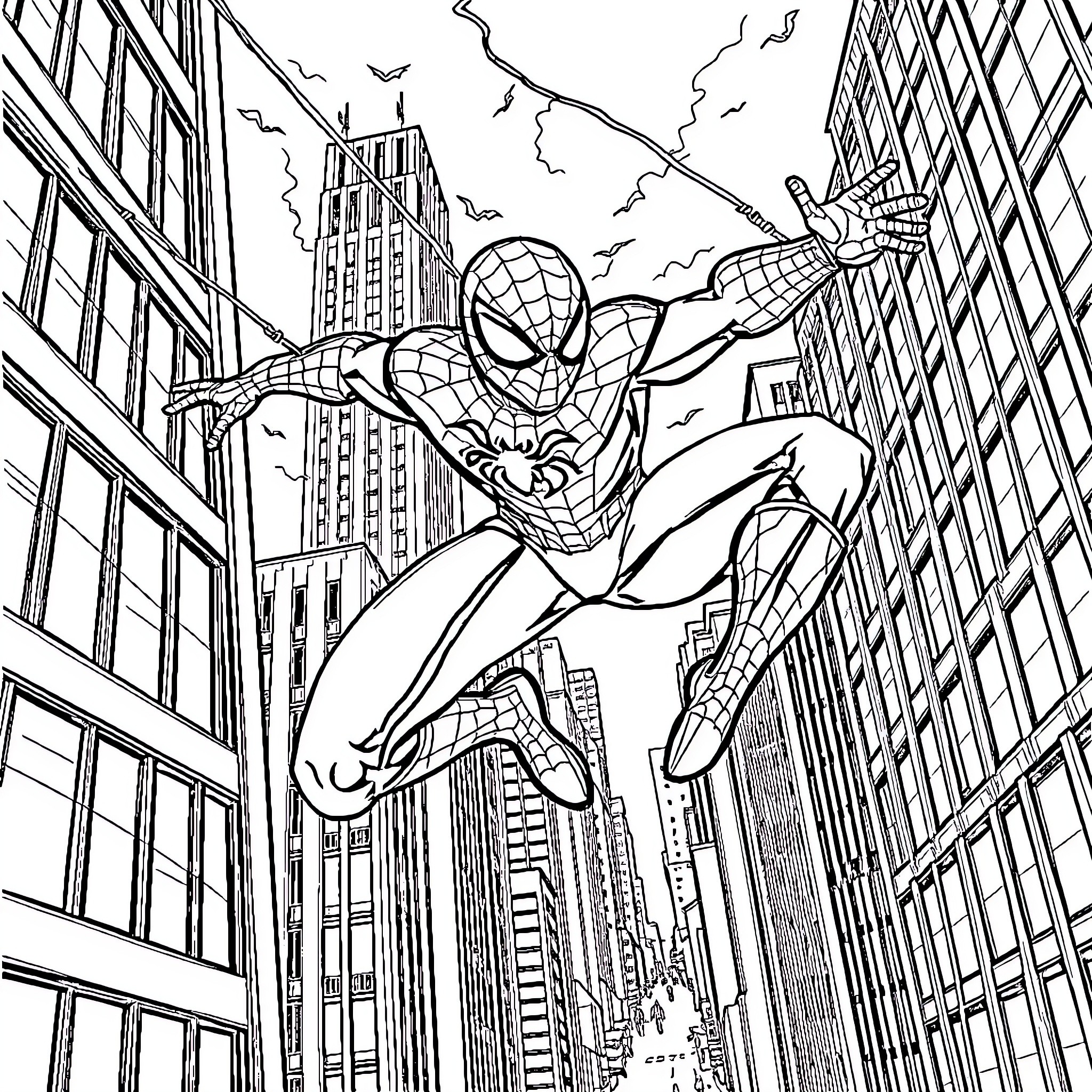 Spiderman swinging through the city skyline Coloring Page (free black-and-white line drawing printable PDF for all, from beginners to advanced learners, including children, teens, adults, and seniors)