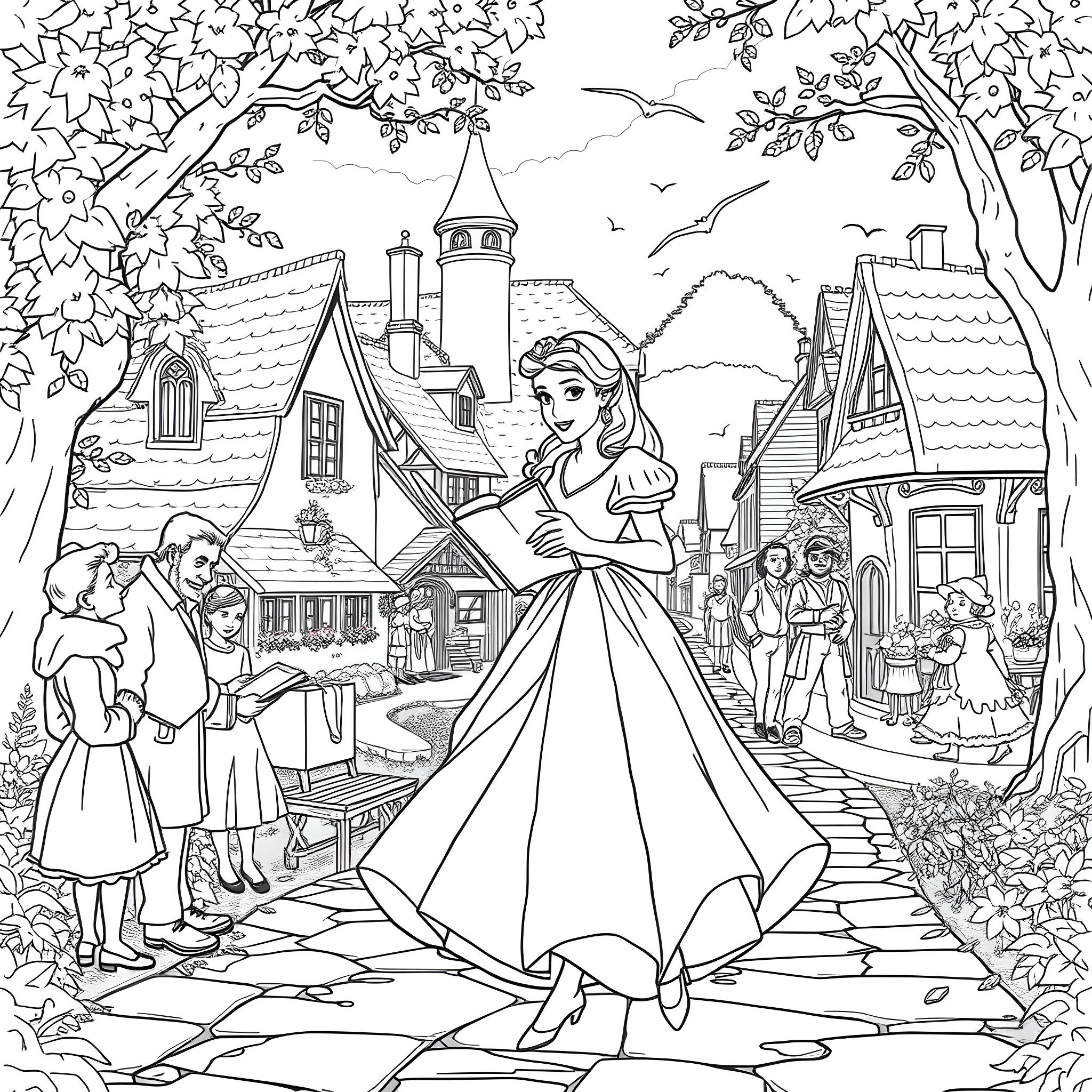 Belle's Enchanted Walk through the Quaint Village Coloring Page (free black-and-white line drawing printable PDF for all, from beginners to advanced learners, including children, teens, adults, and seniors)