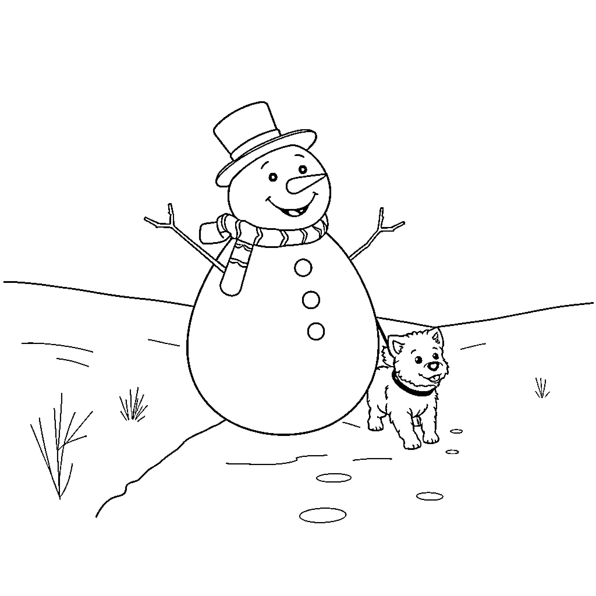 Snowman and Playful Puppy in Winter Wonderland Coloring Page (free black-and-white line drawing printable PDF for all, from beginners to advanced learners, including children, teens, adults, and seniors)