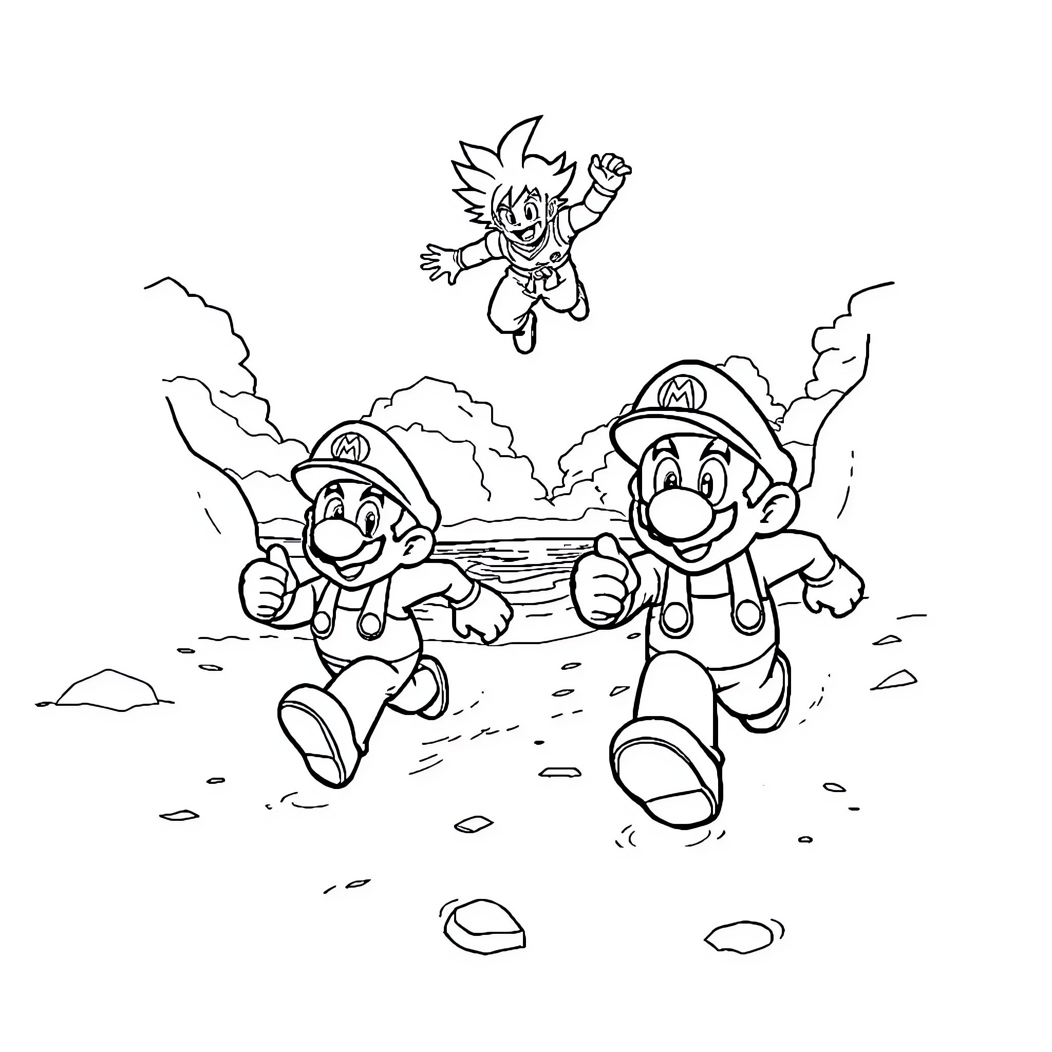 Mario brothers running and jumping in the countryside Coloring Page (free black-and-white line drawing printable PDF for all, from beginners to advanced learners, including children, teens, adults, and seniors)