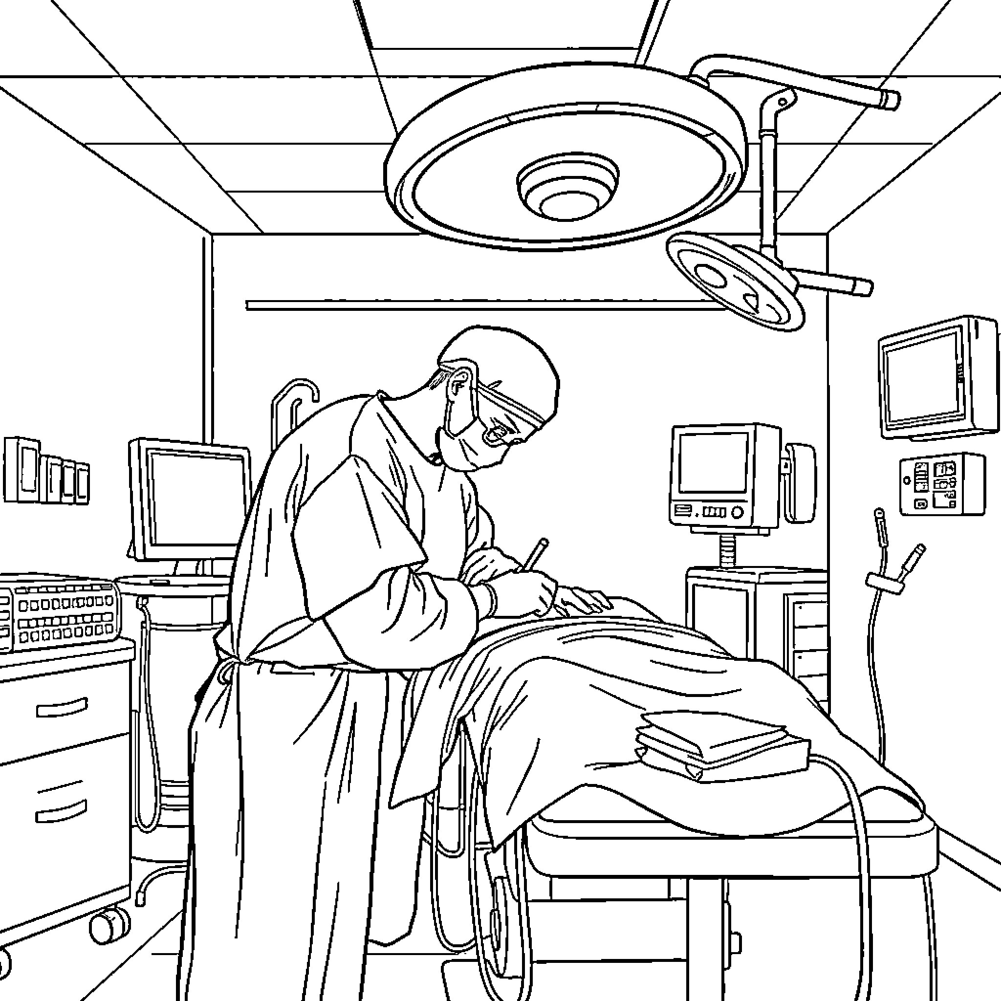 Surgery Preparation in Medical Facility Coloring Page (free black-and-white line drawing printable PDF for all, from beginners to advanced learners, including children, teens, adults, and seniors)