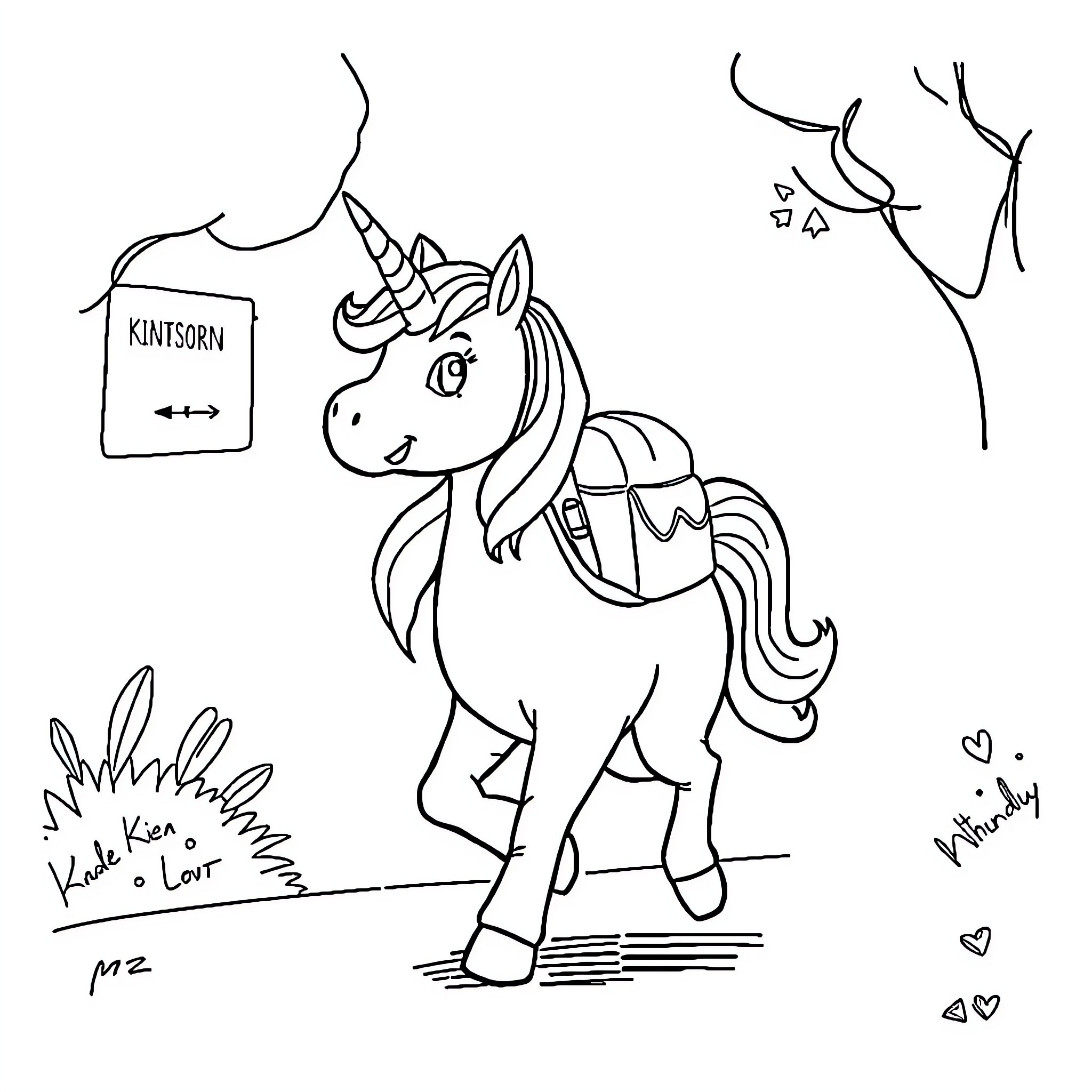 Unicorn carrying a backpack and sign Coloring Page (free black-and-white line drawing printable PDF for all, from beginners to advanced learners, including children, teens, adults, and seniors)