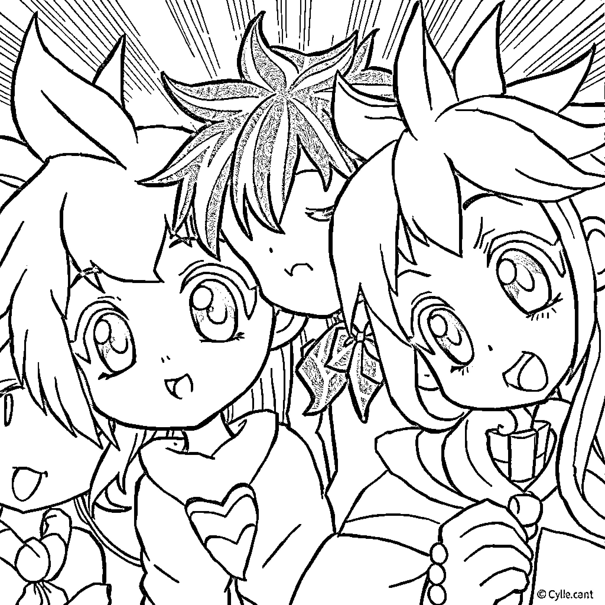 Anime Characters in Playful Expressions Coloring Page (free black-and-white line drawing printable PDF for all, from beginners to advanced learners, including children, teens, adults, and seniors)