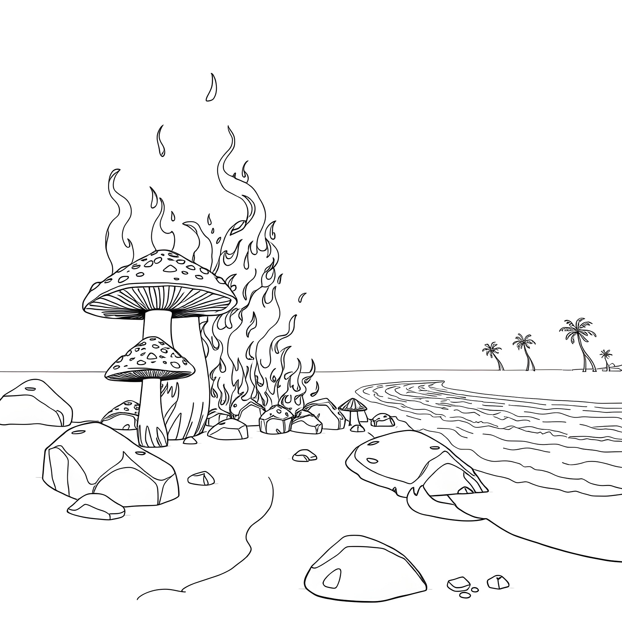 Mushroom Madness on the Beach Coloring Page (free black-and-white line drawing printable PDF for all, from beginners to advanced learners, including children, teens, adults, and seniors)