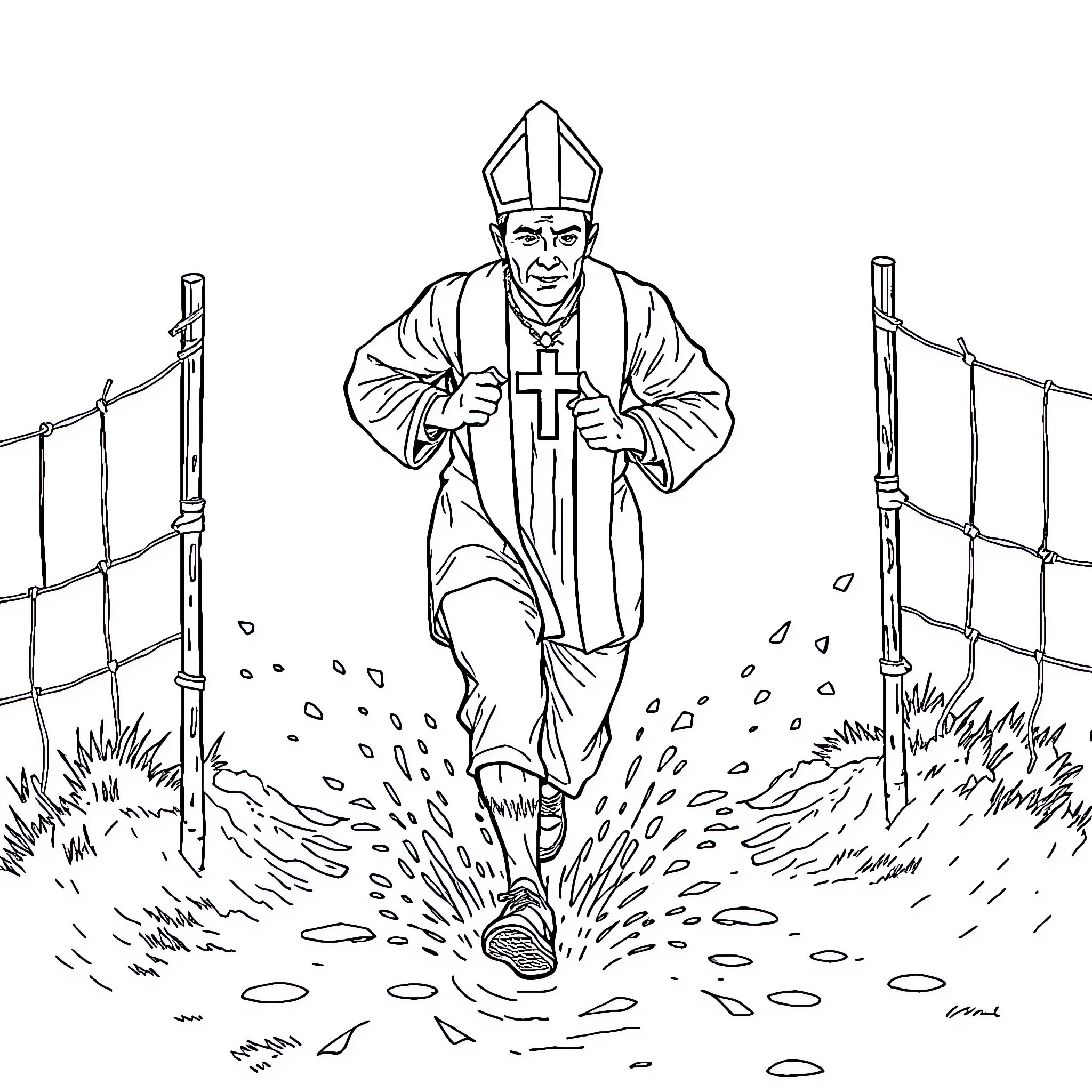 Priest walking purposefully through field Coloring Page (free black-and-white line drawing printable PDF for all, from beginners to advanced learners, including children, teens, adults, and seniors)