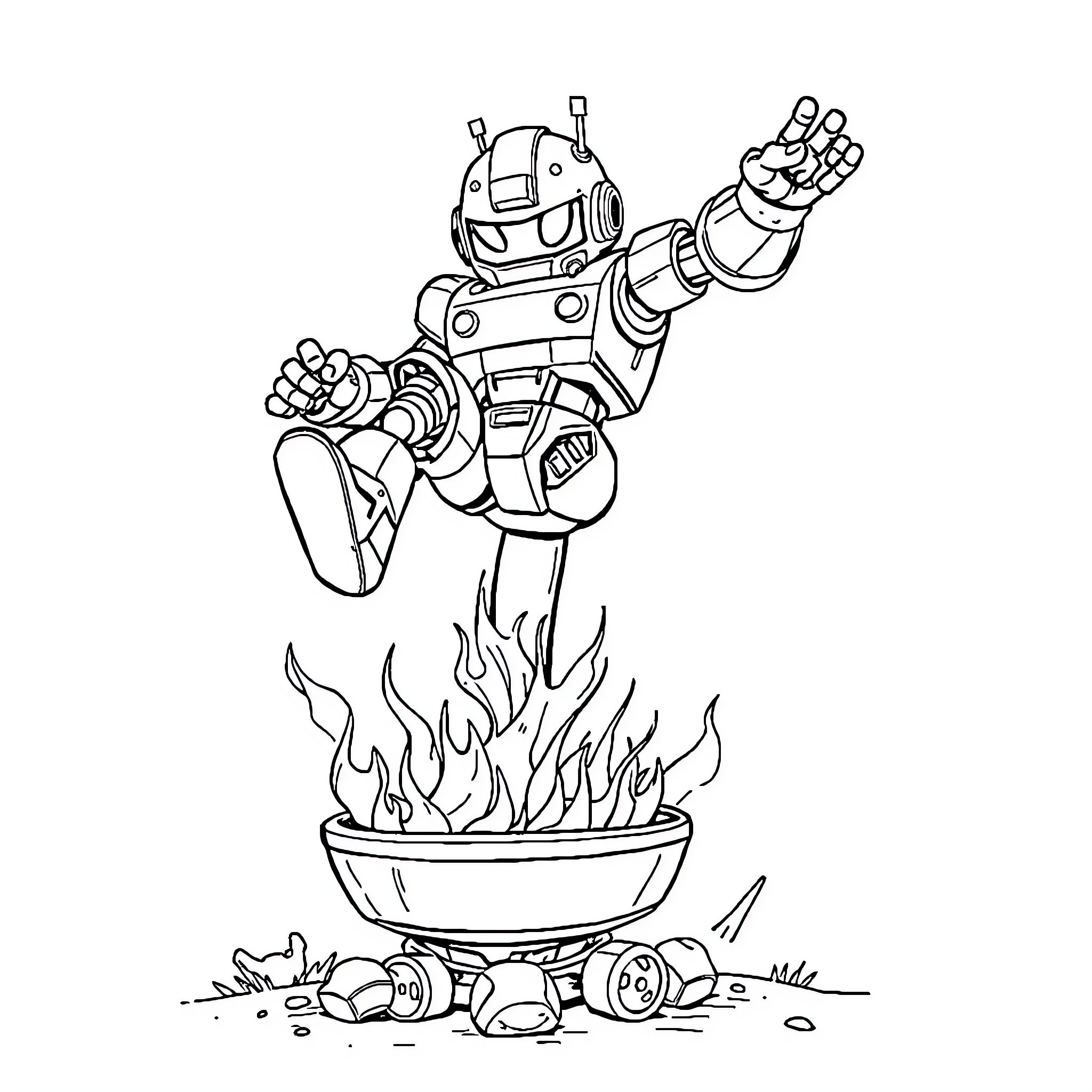 Robot Blasting Off into a Fiery Launch Coloring Page (free black-and-white line drawing printable PDF for all, from beginners to advanced learners, including children, teens, adults, and seniors)