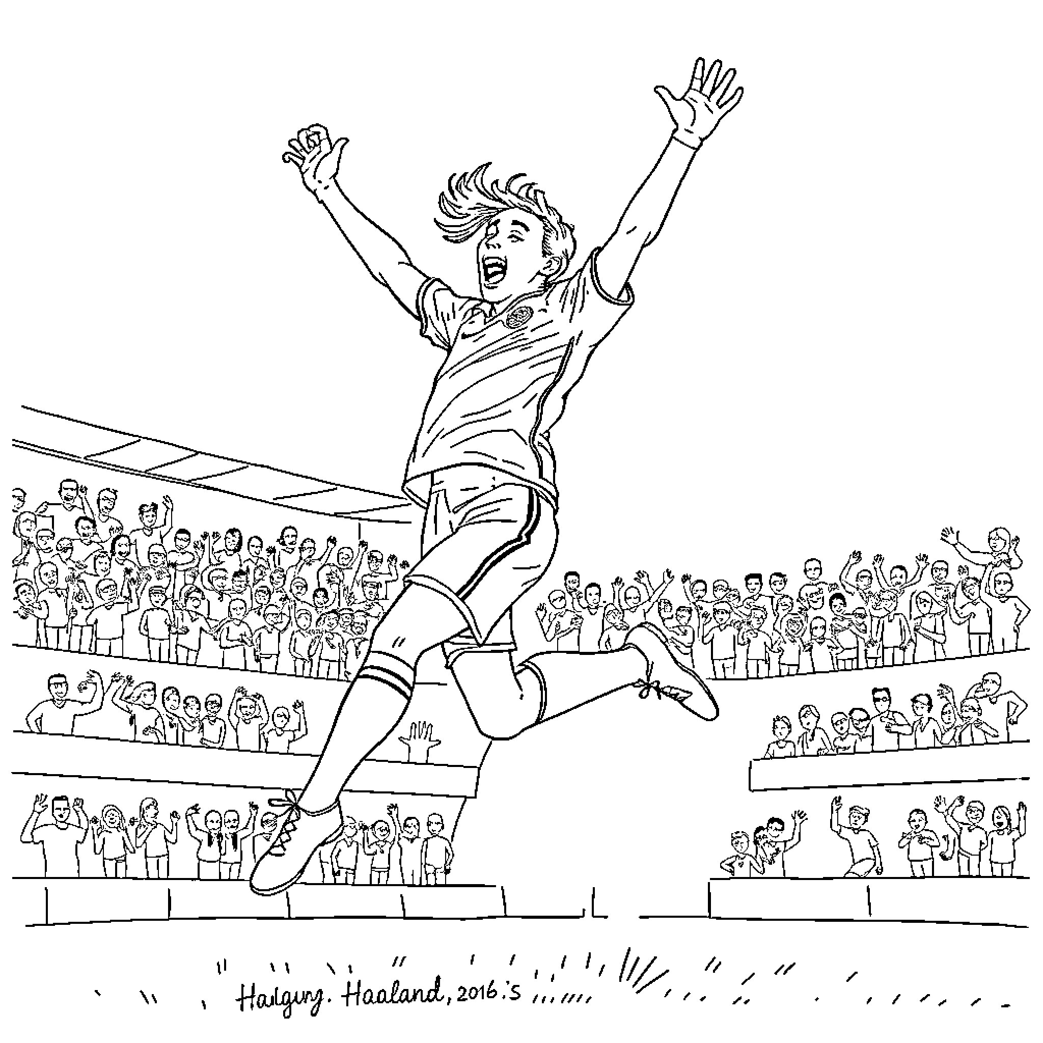 Haaland celebrates with joy and energy on the field Coloring Page (free black-and-white line drawing printable PDF for all, from beginners to advanced learners, including children, teens, adults, and seniors)