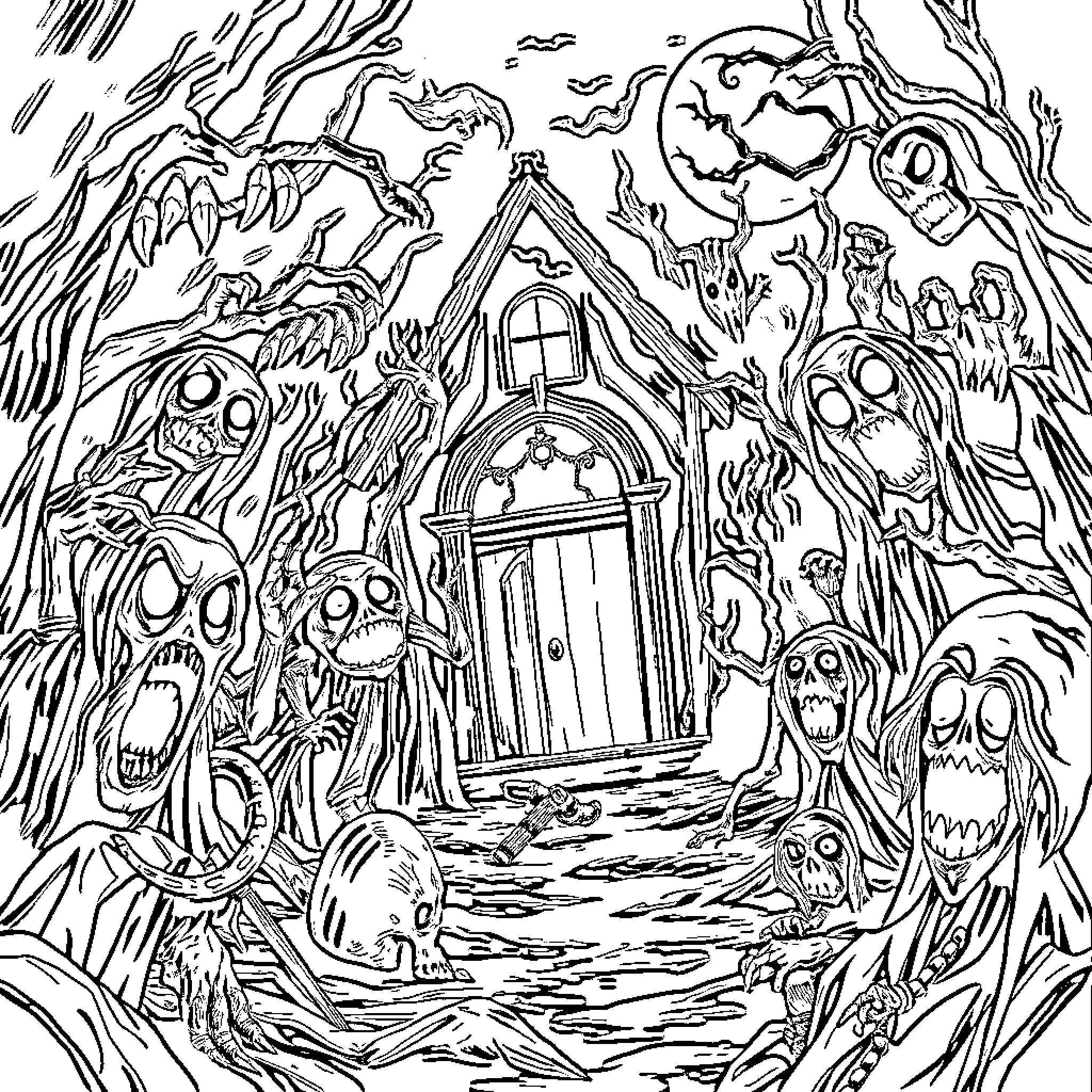 Horror Creatures Lurking in a Spooky Forest Coloring Page (free black-and-white line drawing printable PDF for all, from beginners to advanced learners, including children, teens, adults, and seniors)
