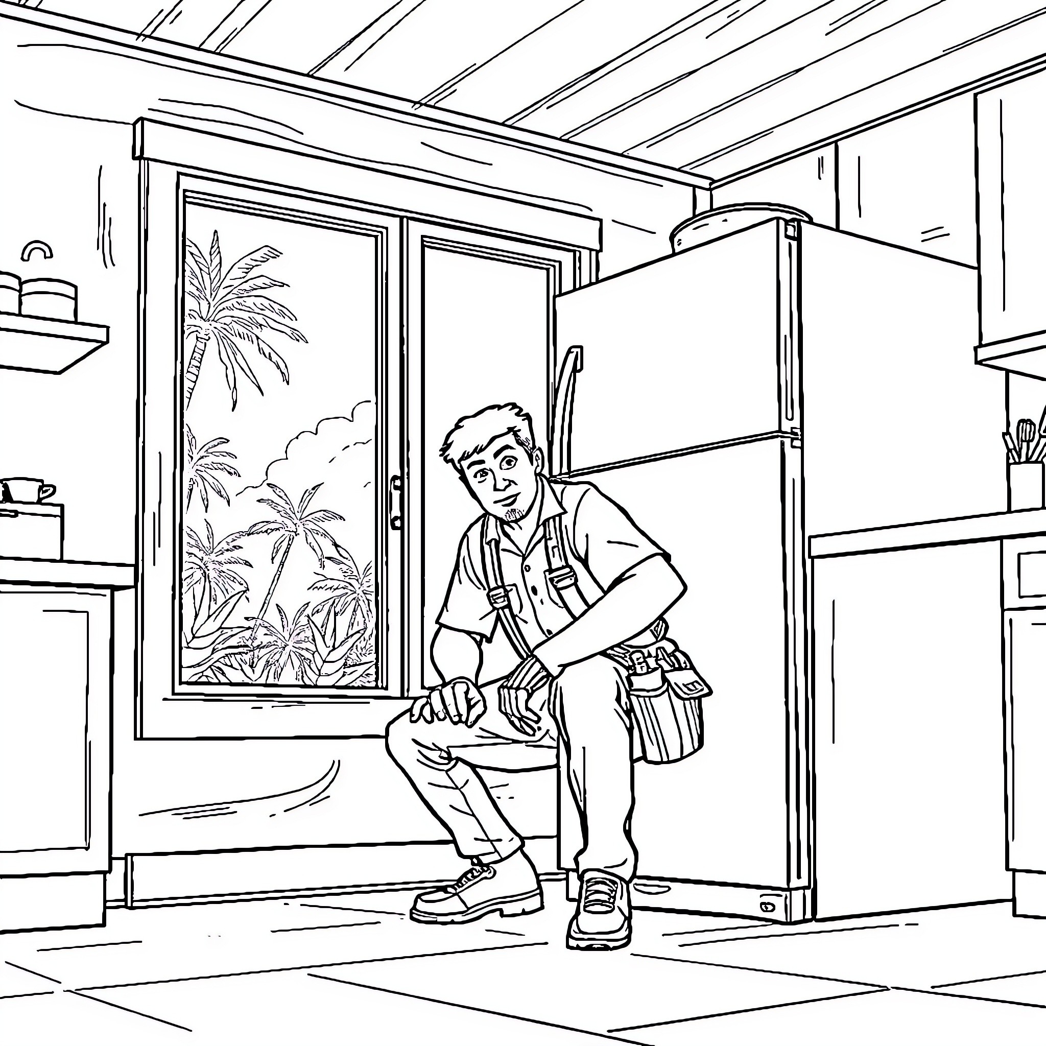 Dave fixing a window in his home Coloring Page (free black-and-white line drawing printable PDF for all, from beginners to advanced learners, including children, teens, adults, and seniors)