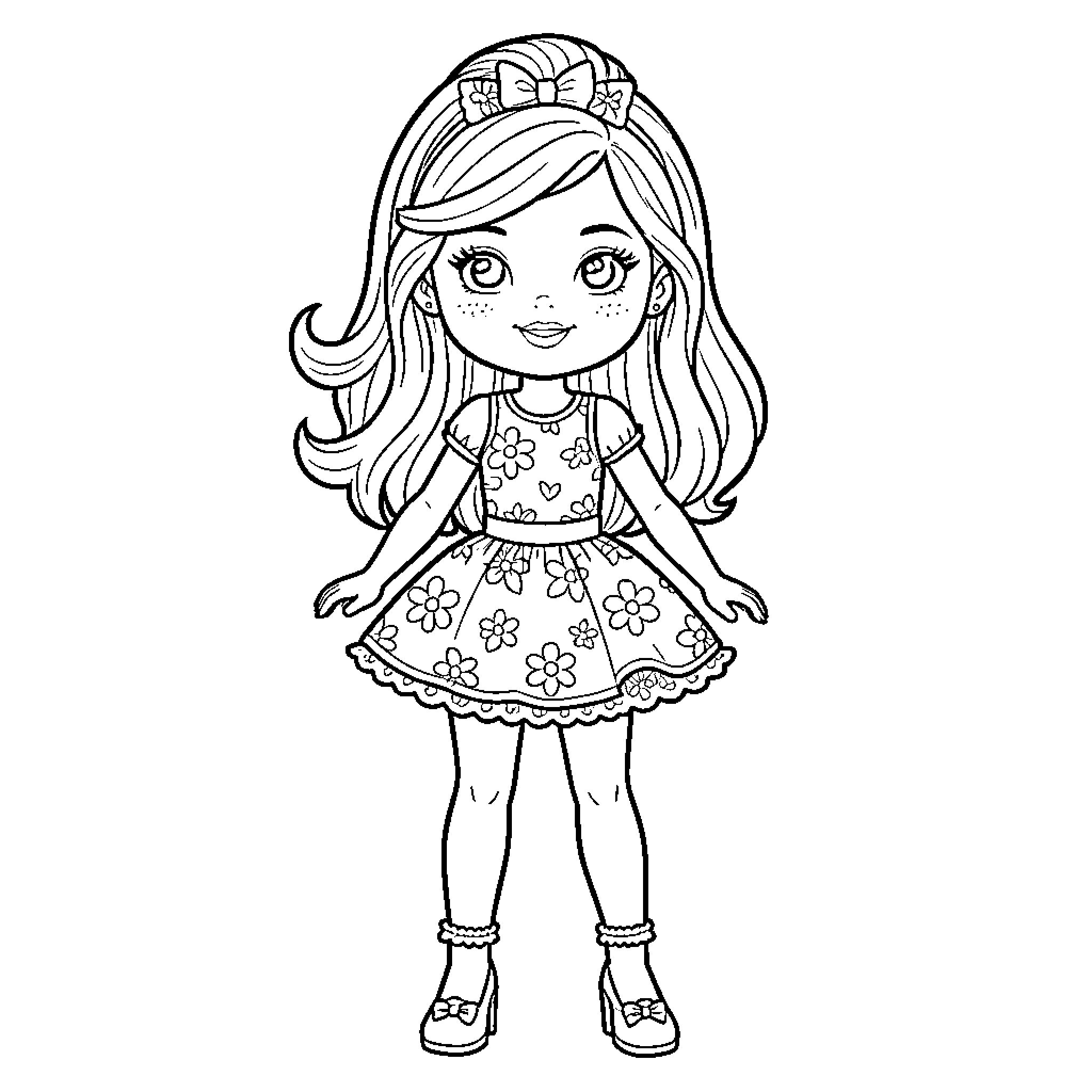 Baby Barbie in a Cheerful Floral Dress Coloring Page (free black-and-white line drawing printable PDF for all, from beginners to advanced learners, including children, teens, adults, and seniors)