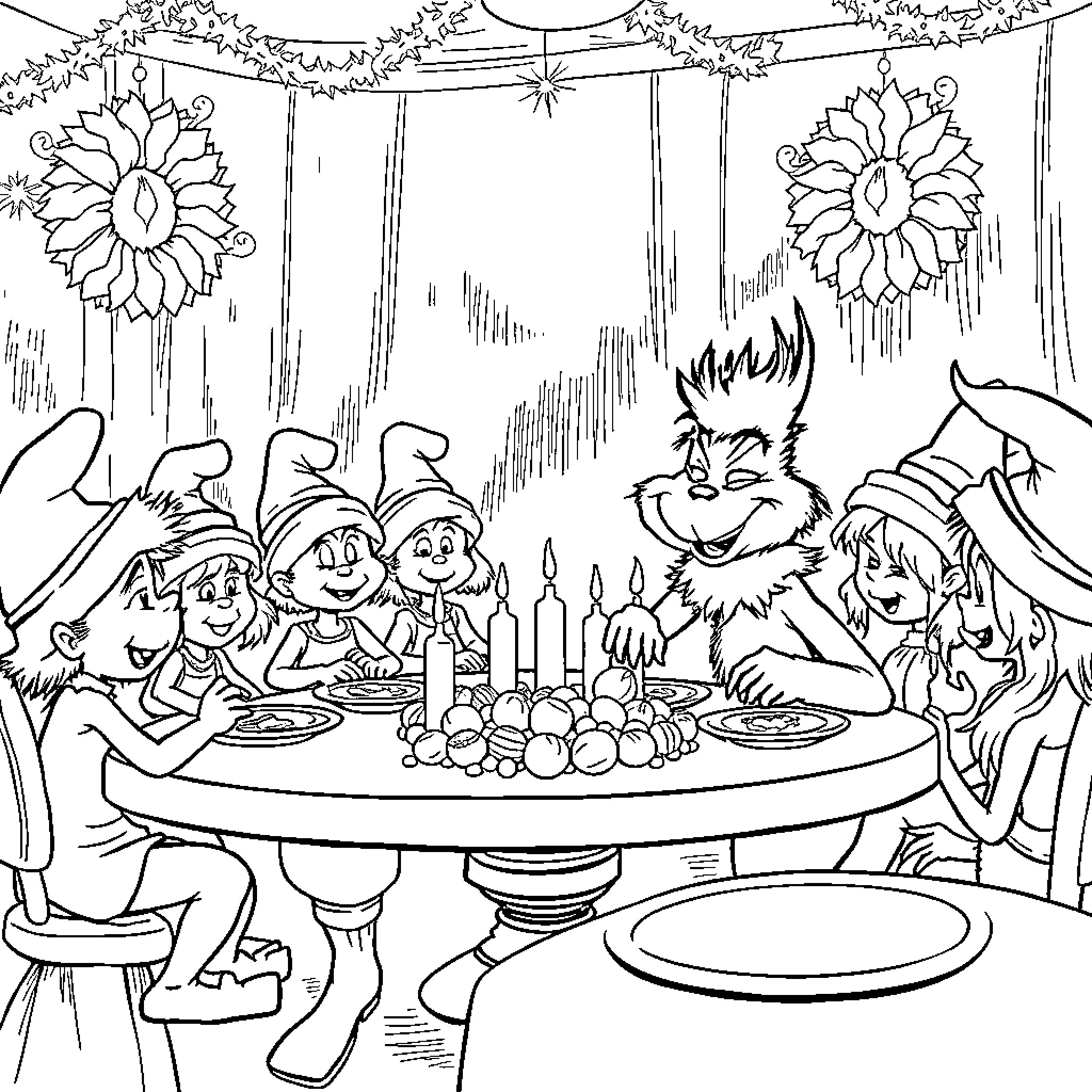 Grinch and Friends Celebrating Christmas Joyfully Coloring Page (free black-and-white line drawing printable PDF for all, from beginners to advanced learners, including children, teens, adults, and seniors)