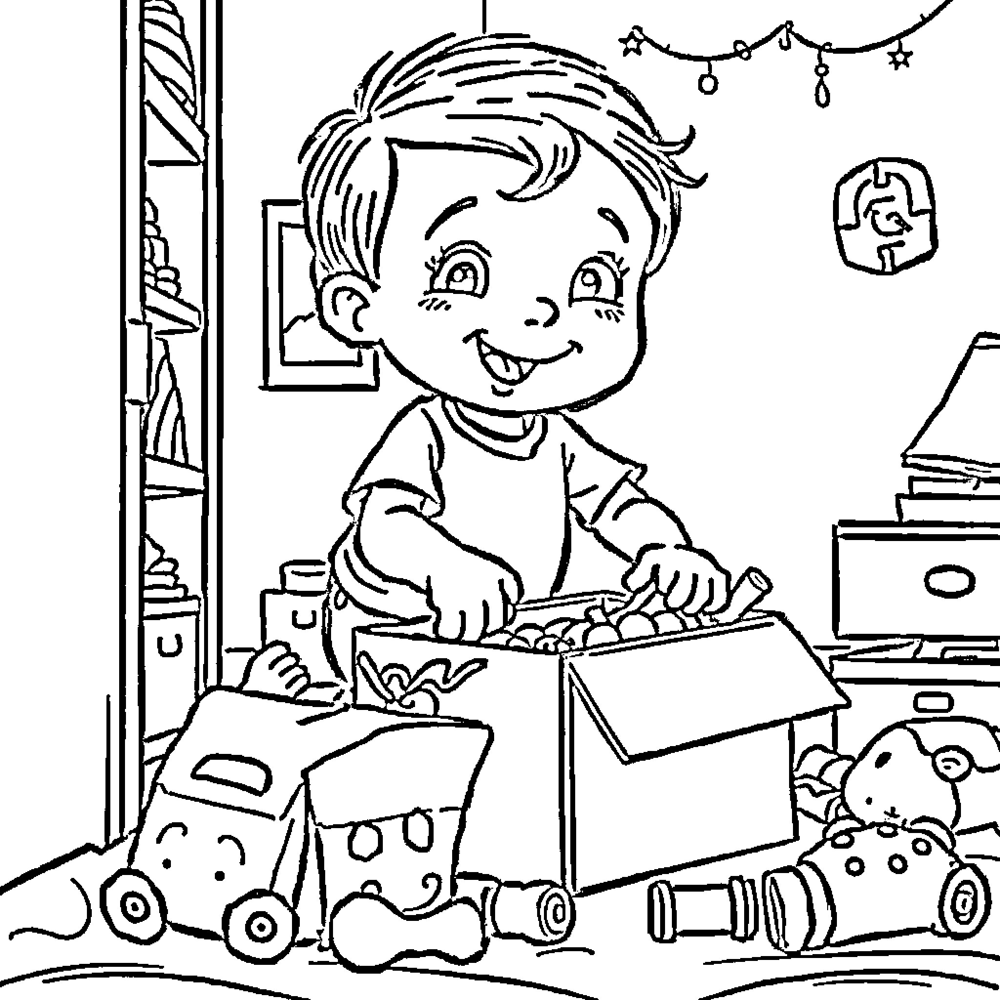 Child playing with toys in bedroom Coloring Page (free black-and-white line drawing printable PDF for all, from beginners to advanced learners, including children, teens, adults, and seniors)