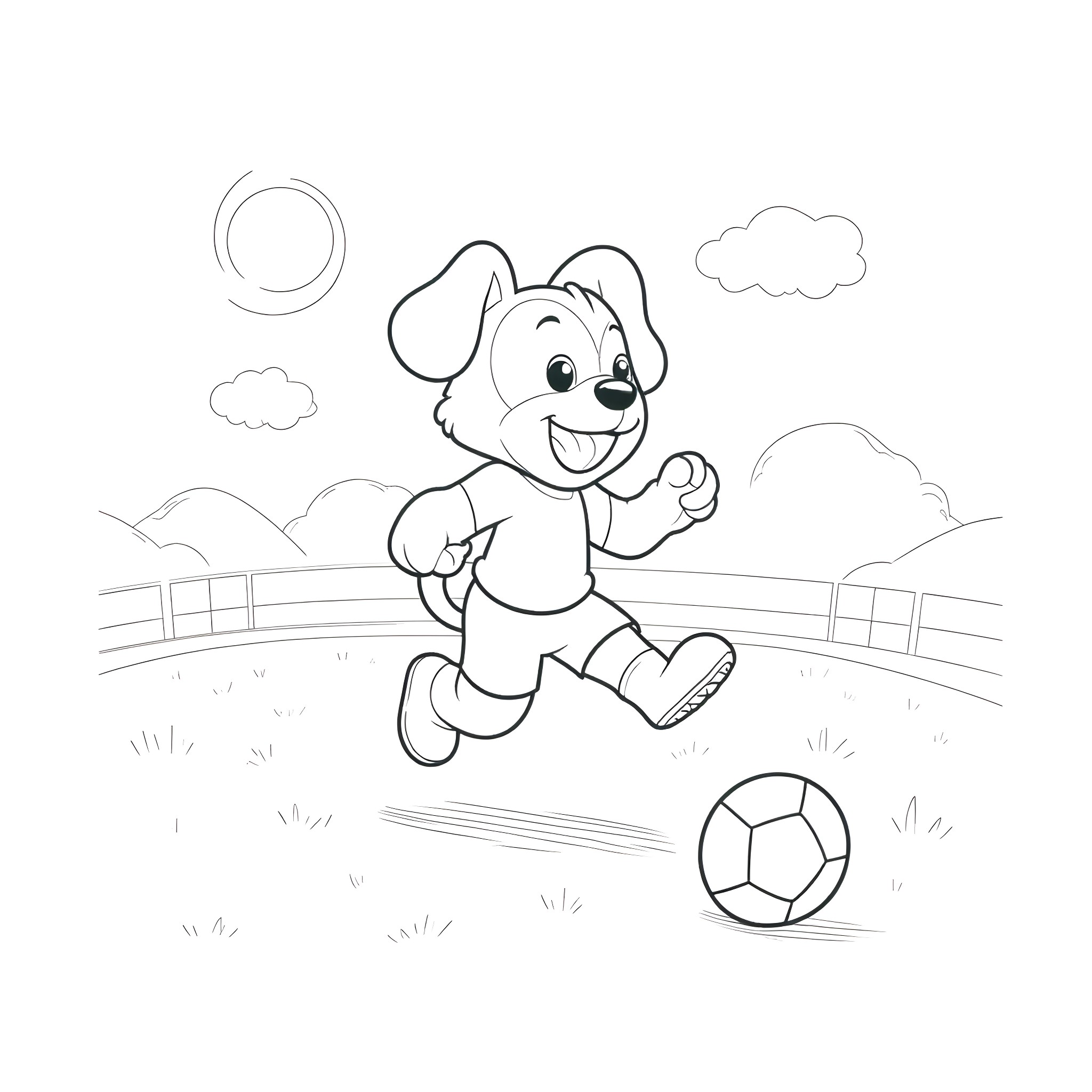 Bluey playing with a soccer ball happily Coloring Page (free black-and-white line drawing printable PDF for all, from beginners to advanced learners, including children, teens, adults, and seniors)