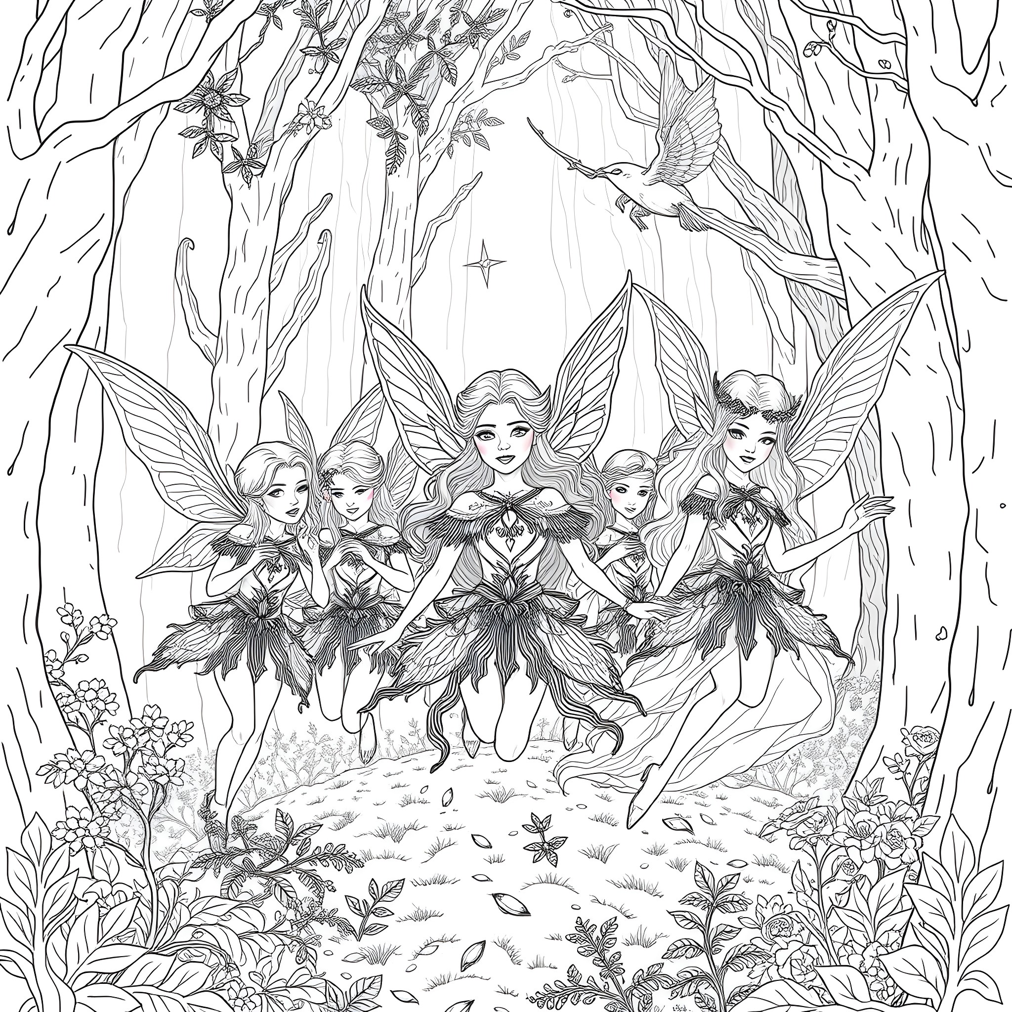 Elf fairies dancing in the enchanted forest Coloring Page (free black-and-white line drawing printable PDF for all, from beginners to advanced learners, including children, teens, adults, and seniors)