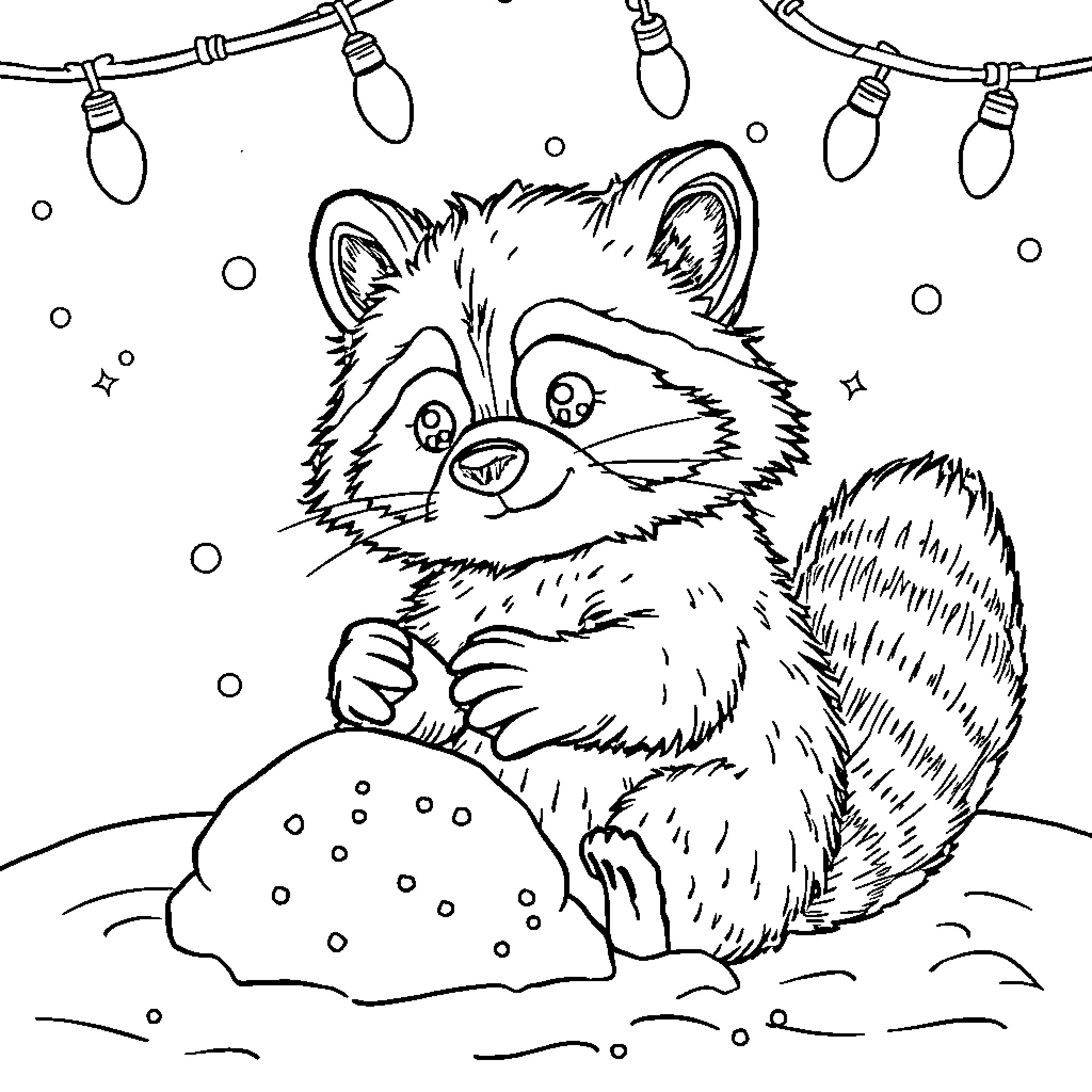 Raccoon enjoying winter wonderland with holiday lights Coloring Page (free black-and-white line drawing printable PDF for all, from beginners to advanced learners, including children, teens, adults, and seniors)