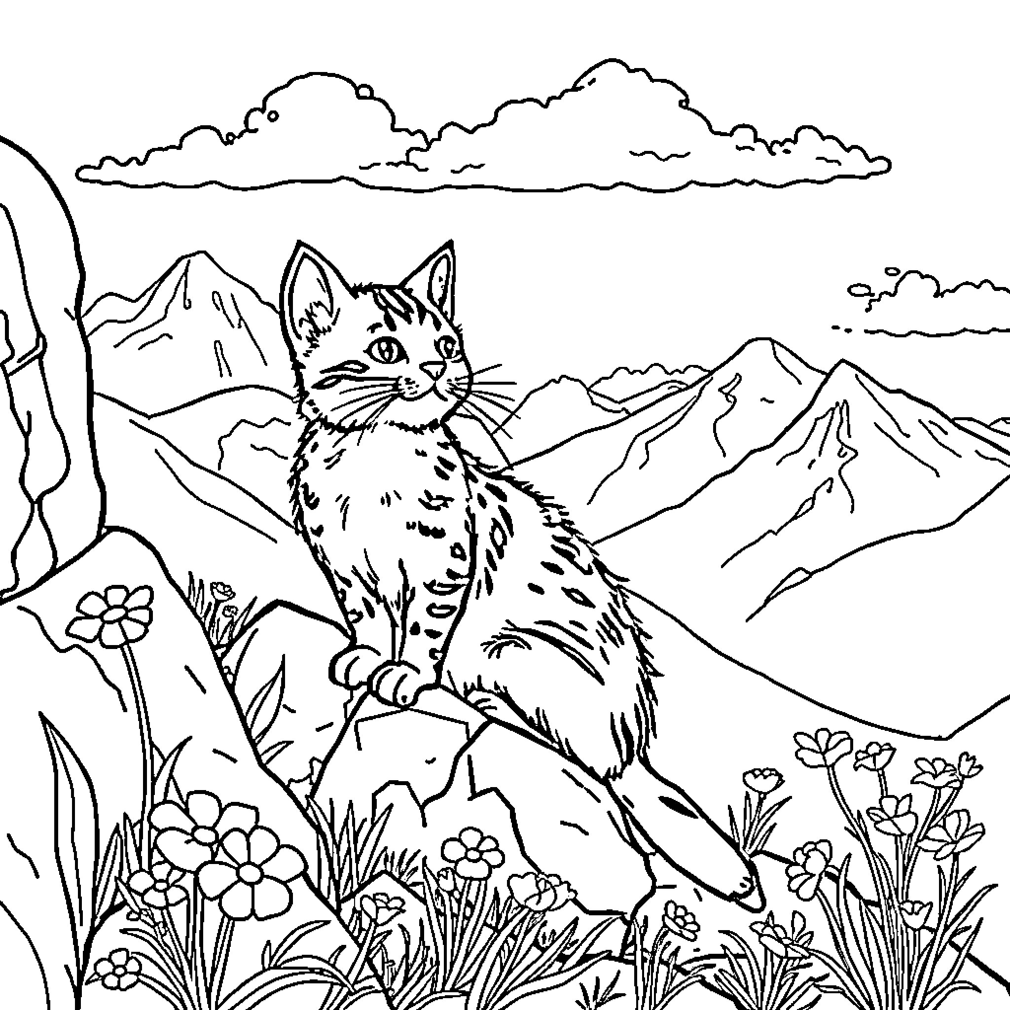Kitten exploring the mountain landscape Coloring Page (free black-and-white line drawing printable PDF for all, from beginners to advanced learners, including children, teens, adults, and seniors)