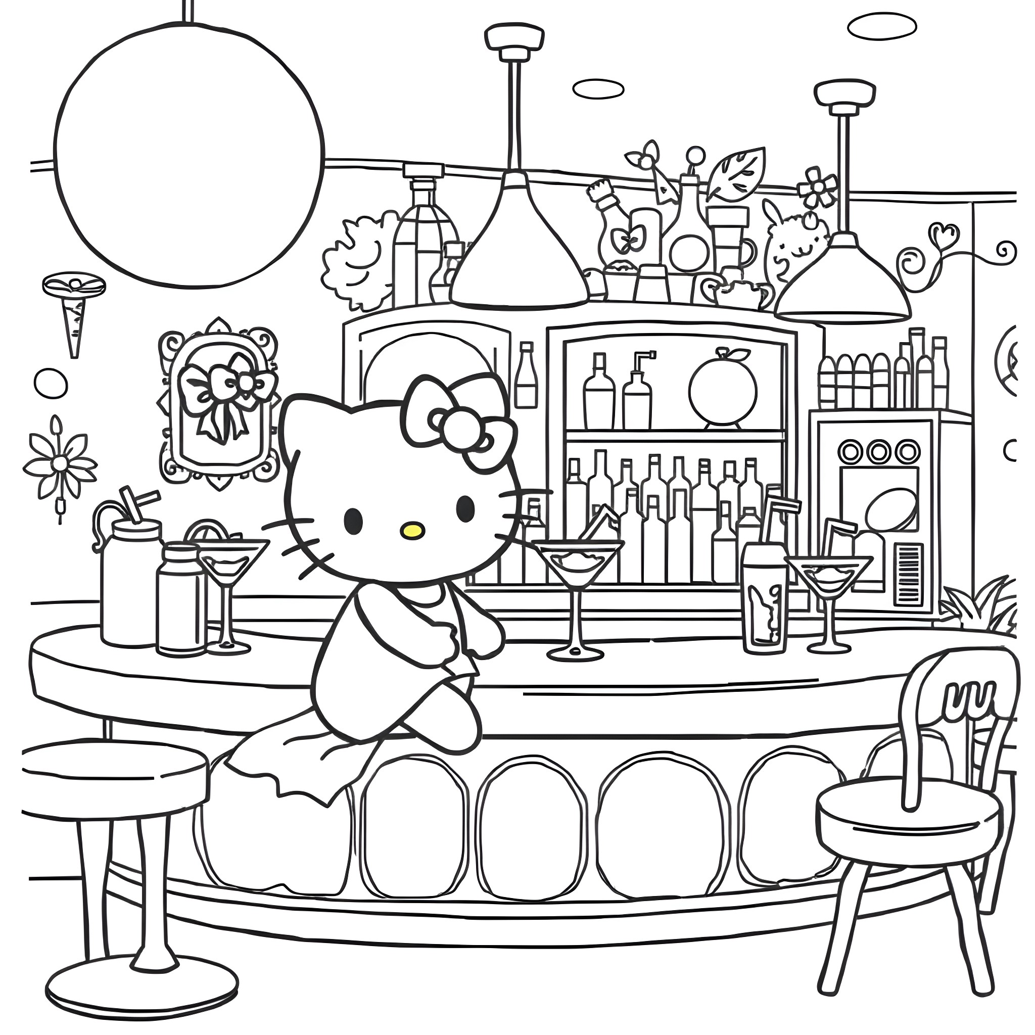 Hello Kitty Enjoying a Cocktail in the Bar Coloring Page (free black-and-white line drawing printable PDF for all, from beginners to advanced learners, including children, teens, adults, and seniors)