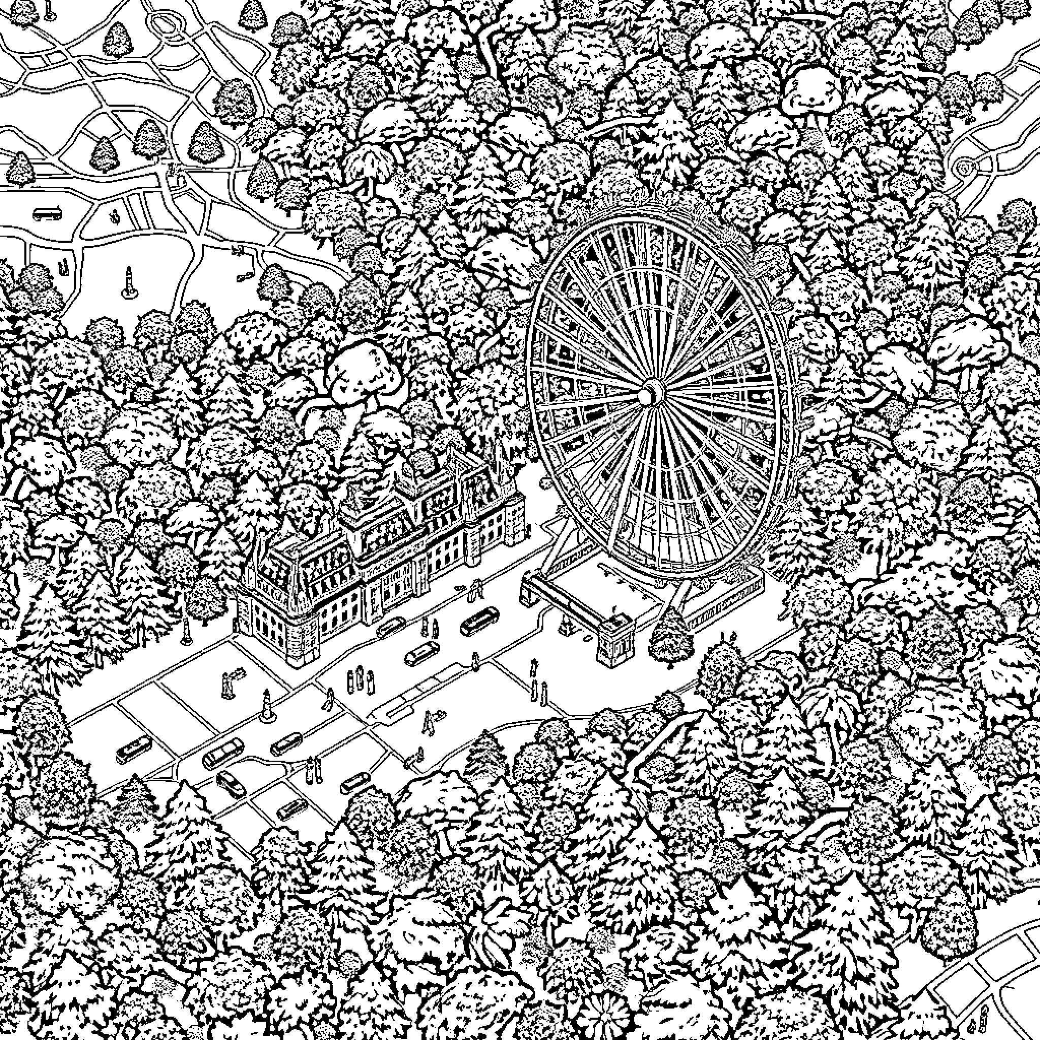 Map of a Bustling Amusement Park in Nature Coloring Page (free black-and-white line drawing printable PDF for all, from beginners to advanced learners, including children, teens, adults, and seniors)