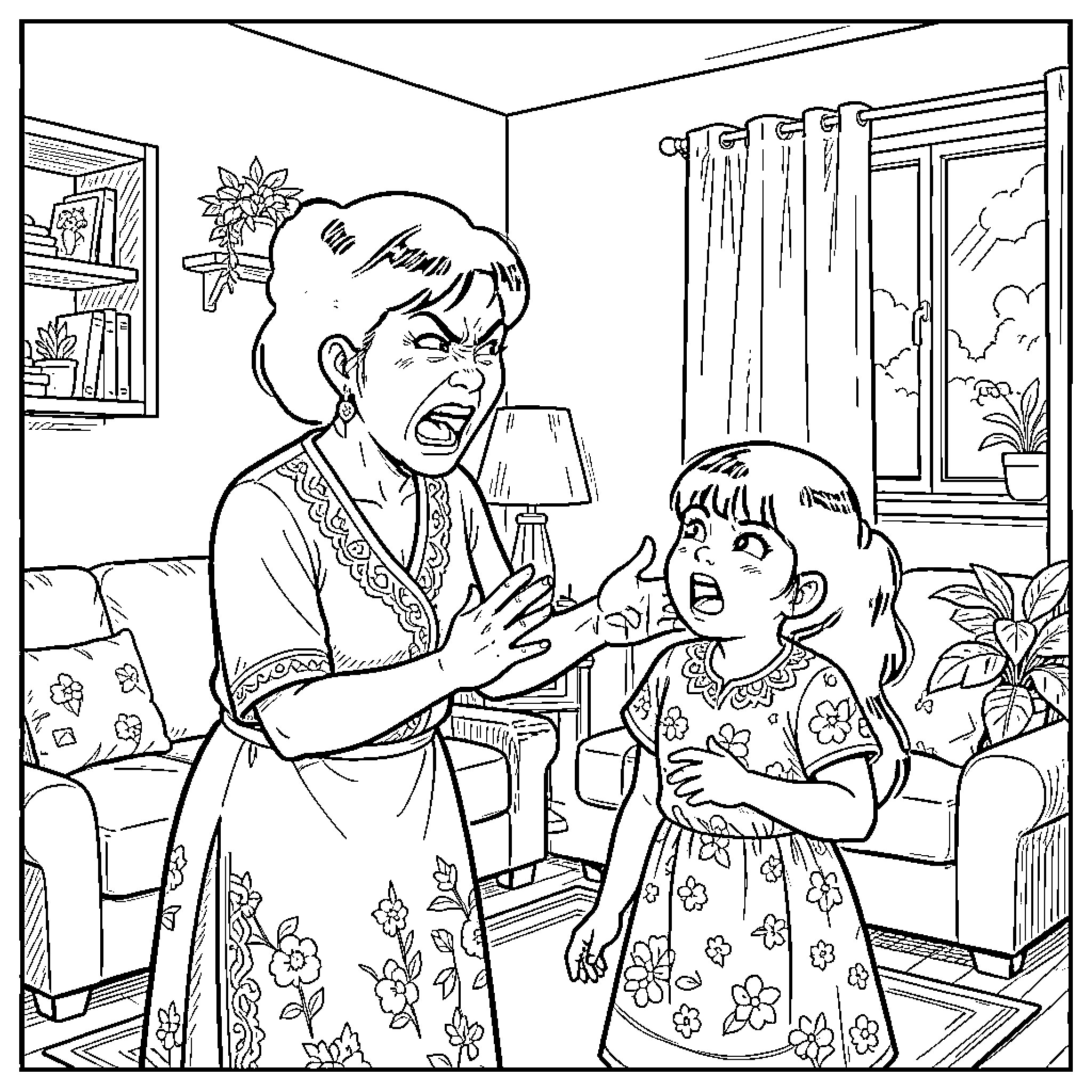 Wife scolds young girl in living room Coloring Page (free black-and-white line drawing printable PDF for all, from beginners to advanced learners, including children, teens, adults, and seniors)