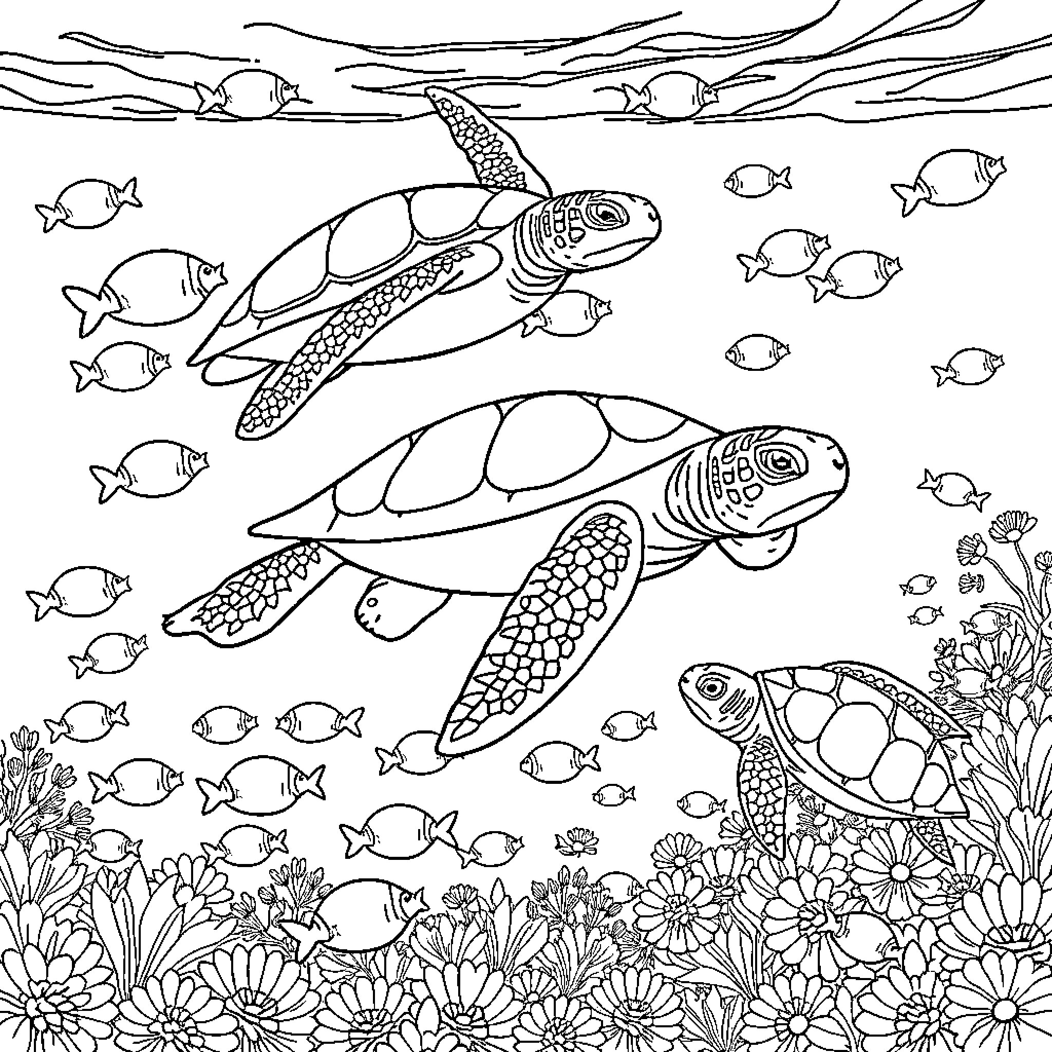Sea Turtles swimming with schools of fish Coloring Page (free black-and-white line drawing printable PDF for all, from beginners to advanced learners, including children, teens, adults, and seniors)