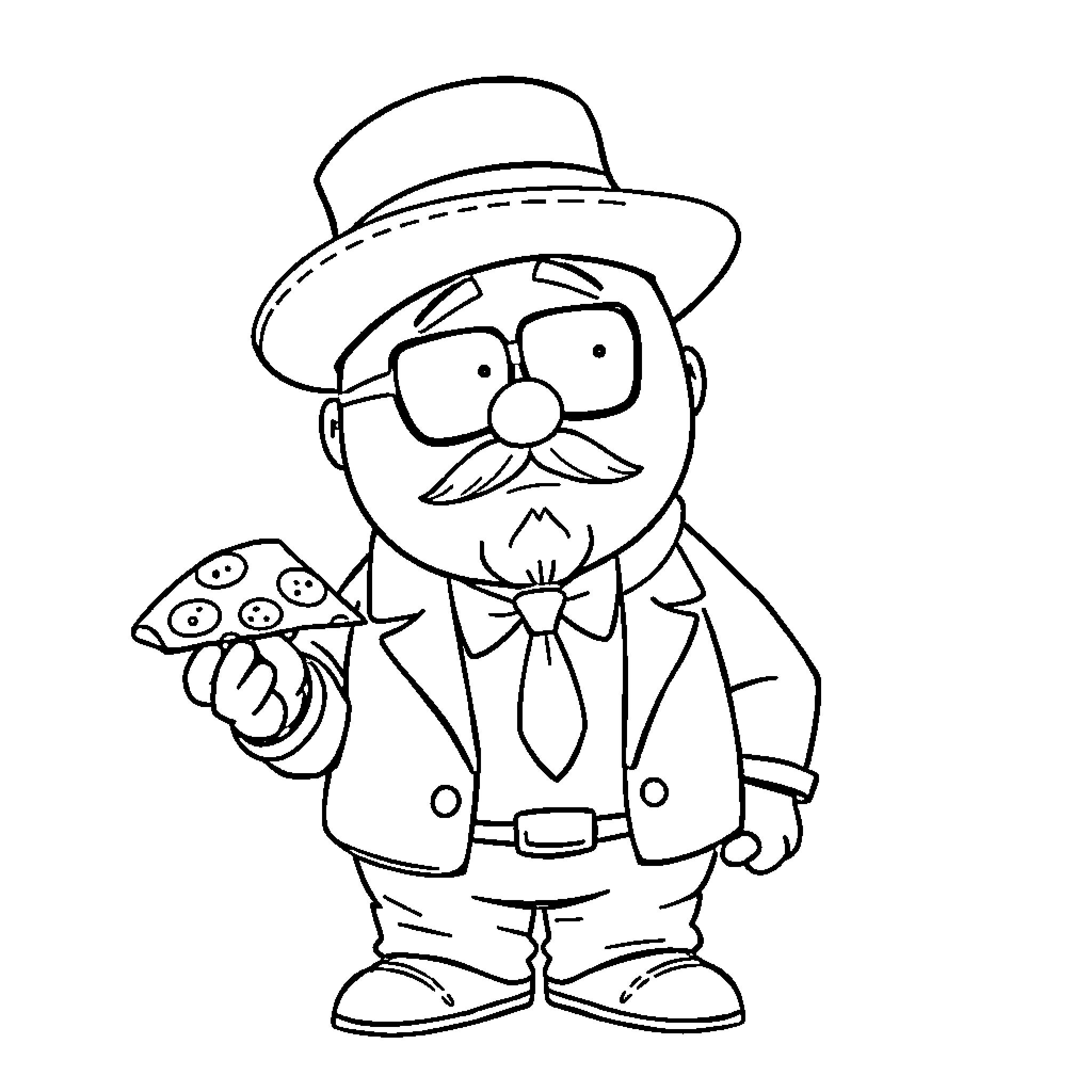 Cartman dressed as a gentleman with a pizza Coloring Page (free black-and-white line drawing printable PDF for all, from beginners to advanced learners, including children, teens, adults, and seniors)