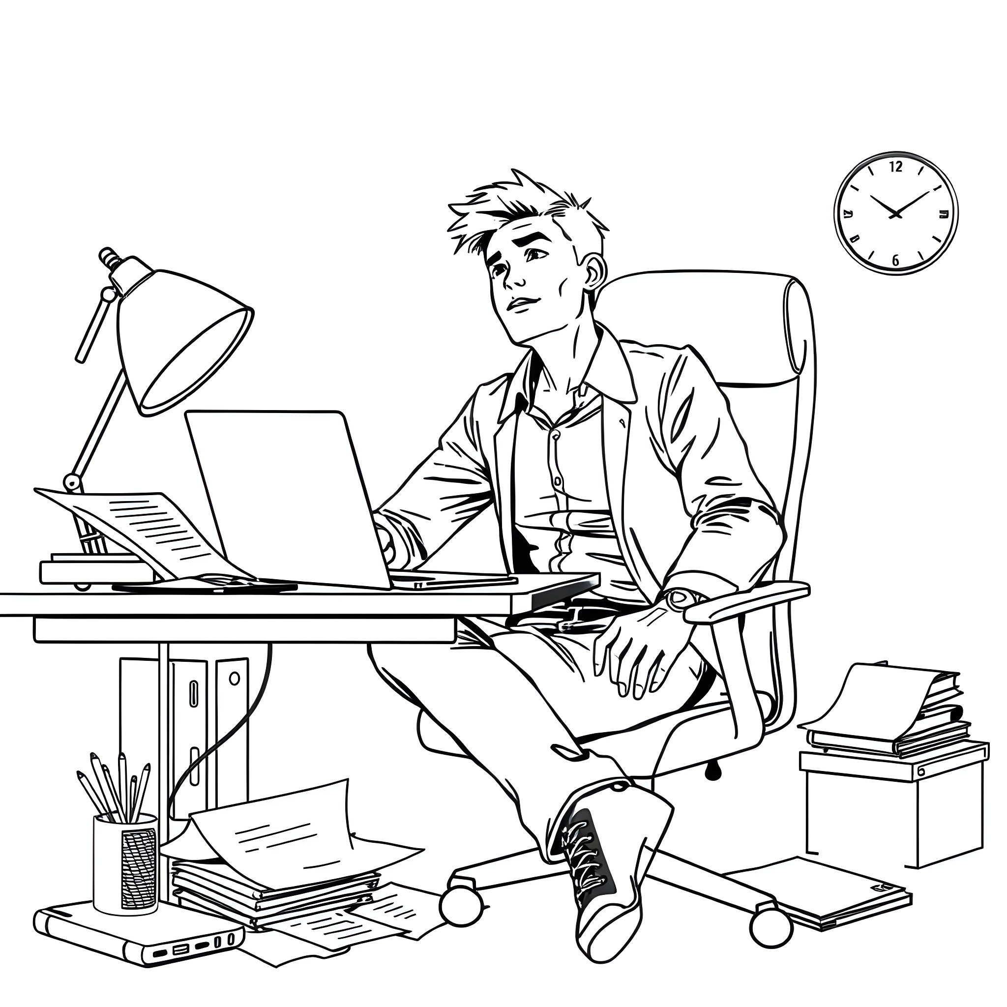 Mann working diligently at his office desk Coloring Page (free black-and-white line drawing printable PDF for all, from beginners to advanced learners, including children, teens, adults, and seniors)