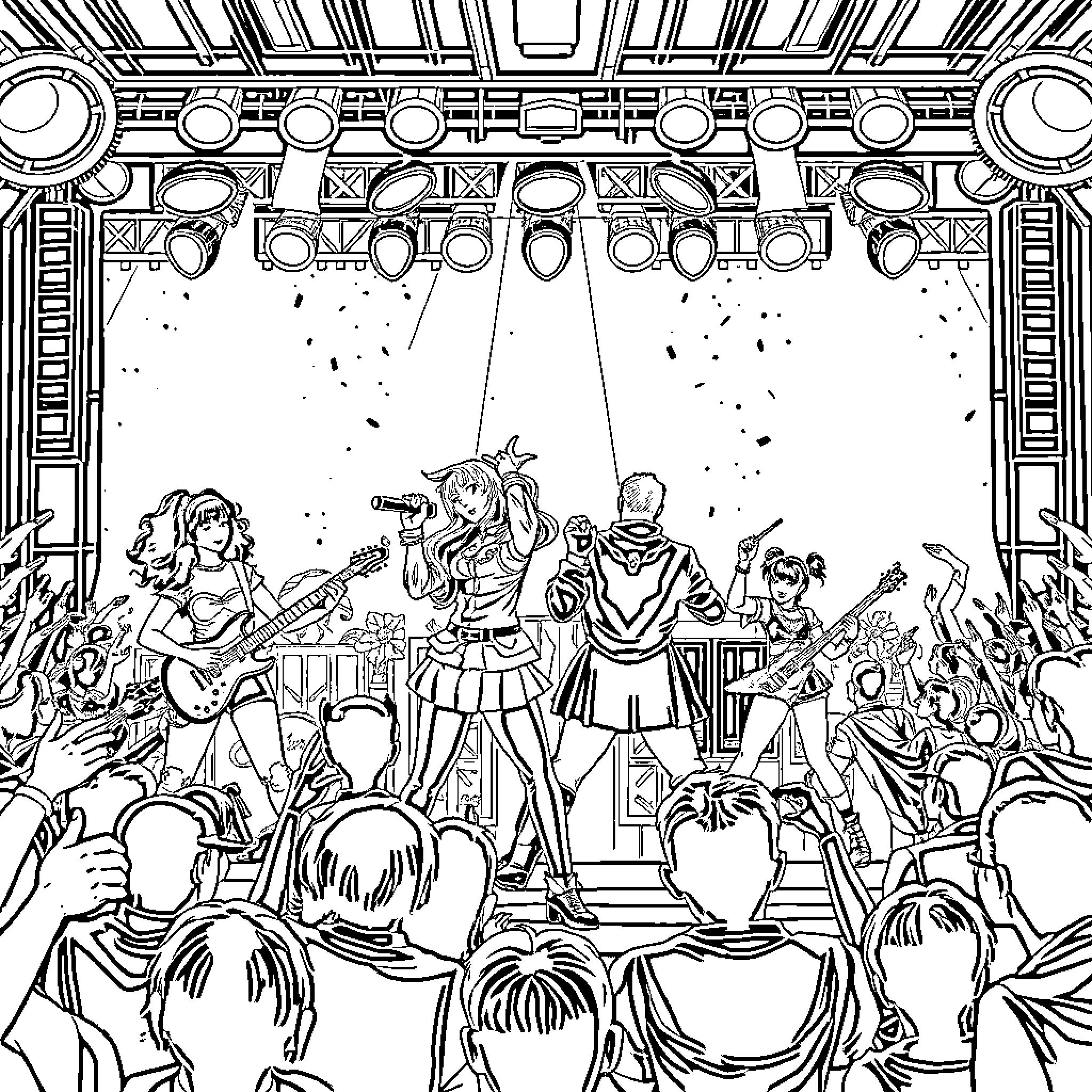K Pop Performers on Stage with Lively Audience Coloring Page (free black-and-white line drawing printable PDF for all, from beginners to advanced learners, including children, teens, adults, and seniors)