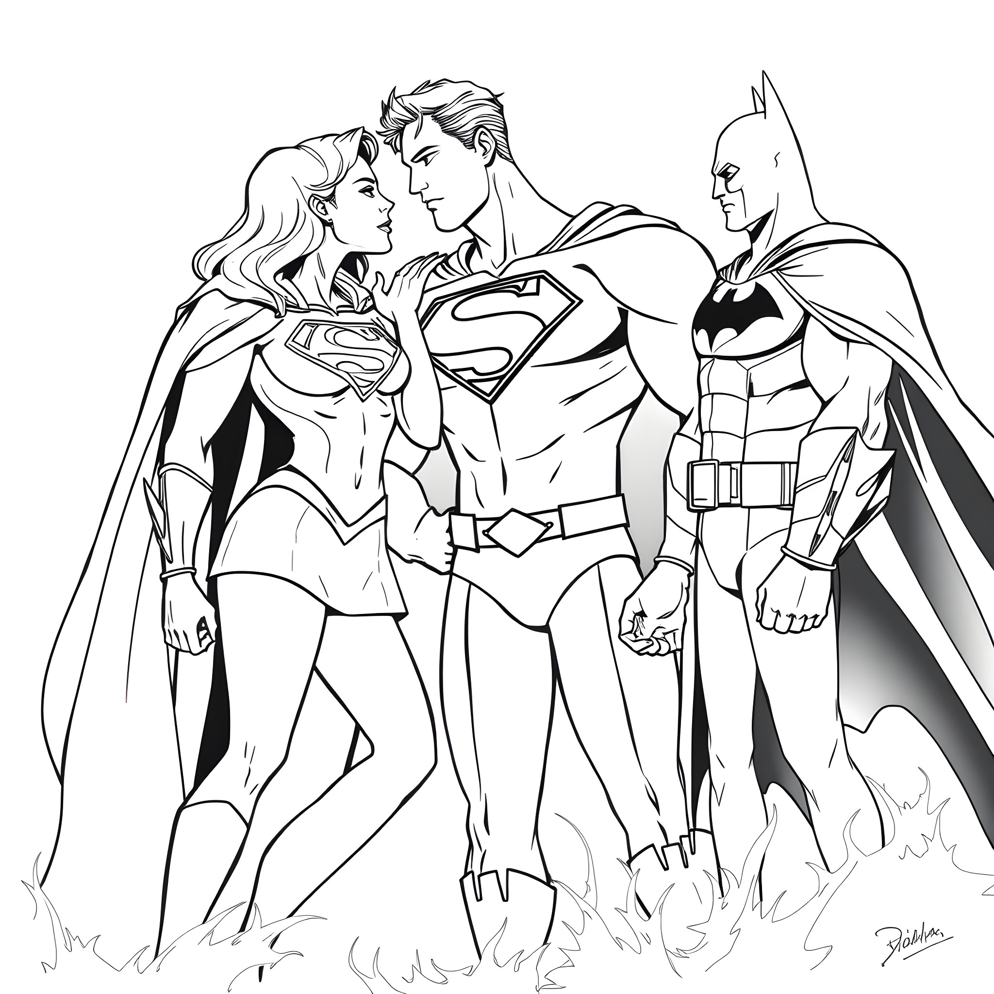 Supergirl, Superman, and Batman in epic superhero team-up Coloring Page (free black-and-white line drawing printable PDF for all, from beginners to advanced learners, including children, teens, adults, and seniors)