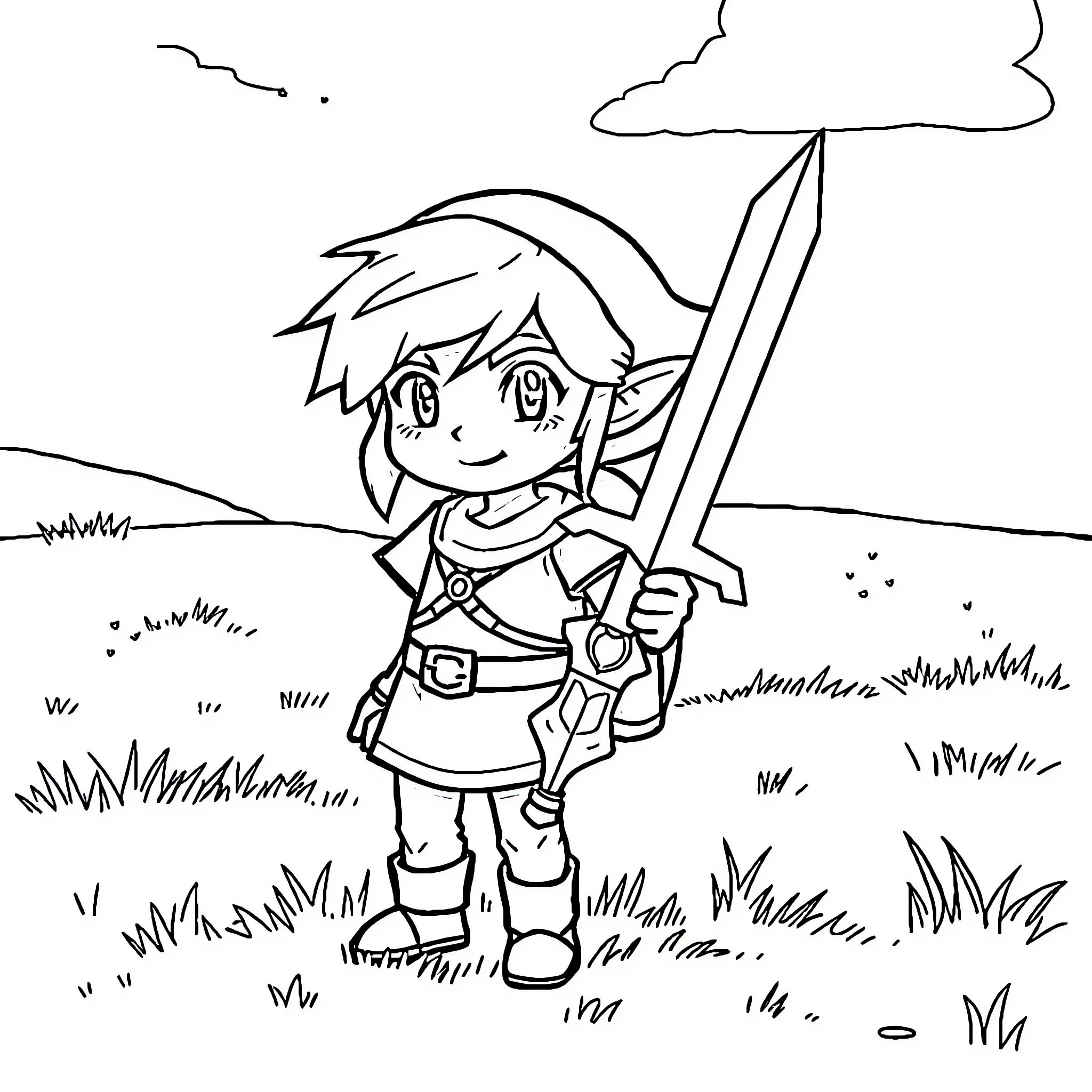 Link exploring the Grasslands with sword in hand Coloring Page (free black-and-white line drawing printable PDF for all, from beginners to advanced learners, including children, teens, adults, and seniors)