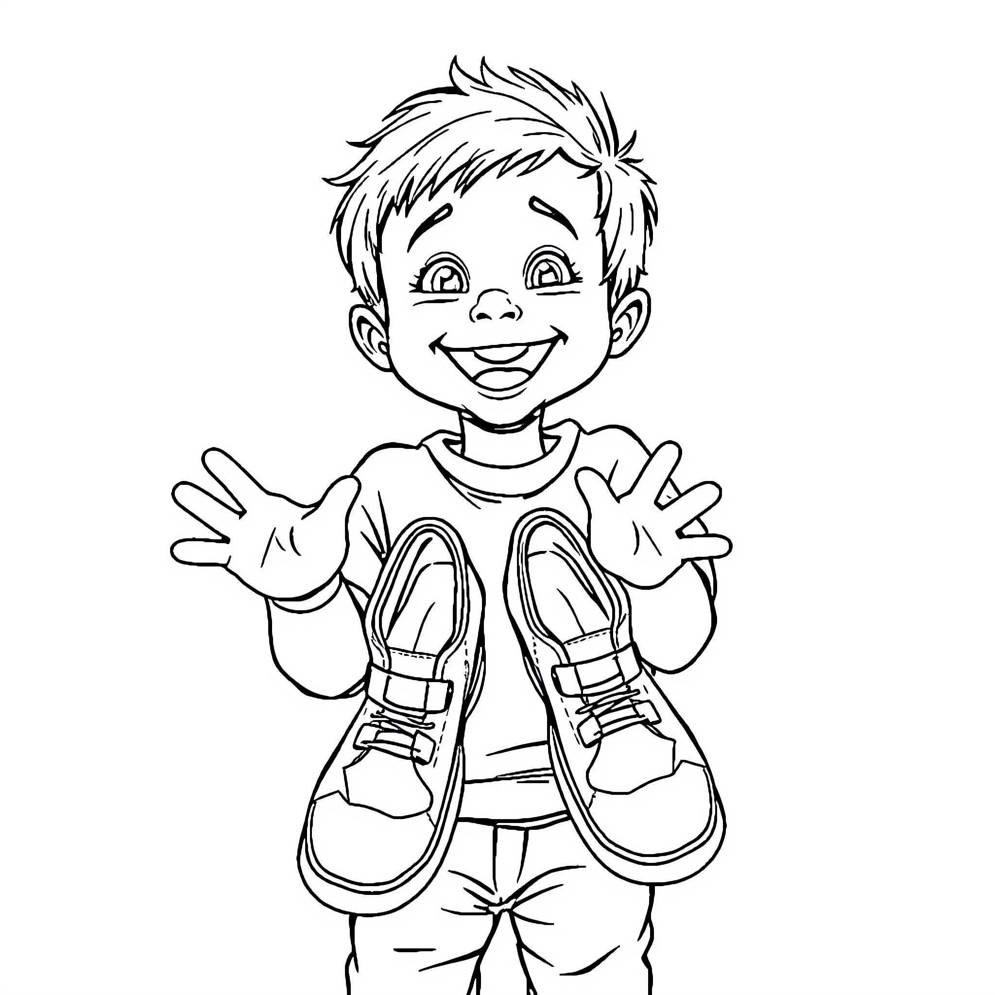 Kid happily showing off shoes and smile Coloring Page (free black-and-white line drawing printable PDF for all, from beginners to advanced learners, including children, teens, adults, and seniors)