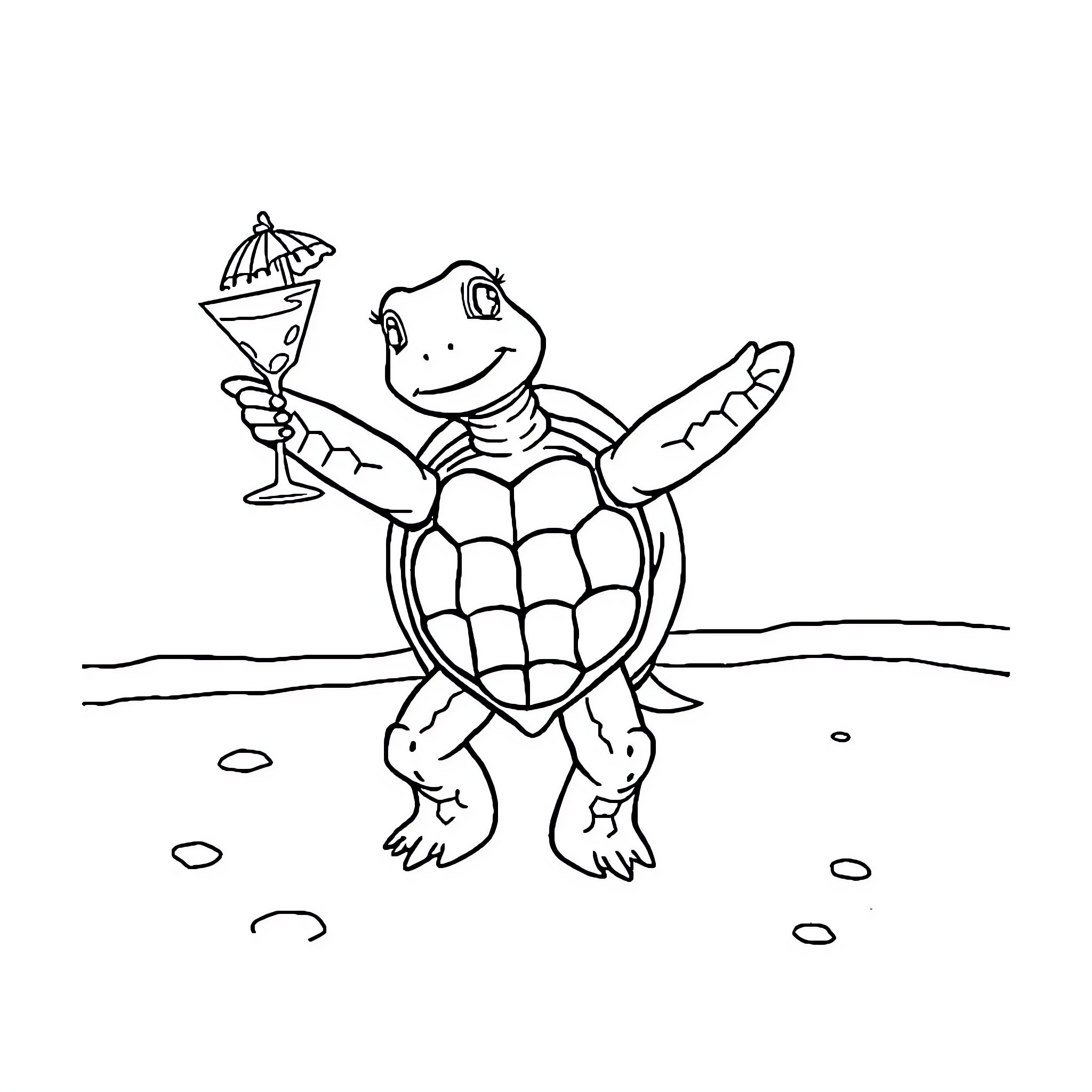 Turtle enjoying a festive drink on the beach Coloring Page (free black-and-white line drawing printable PDF for all, from beginners to advanced learners, including children, teens, adults, and seniors)