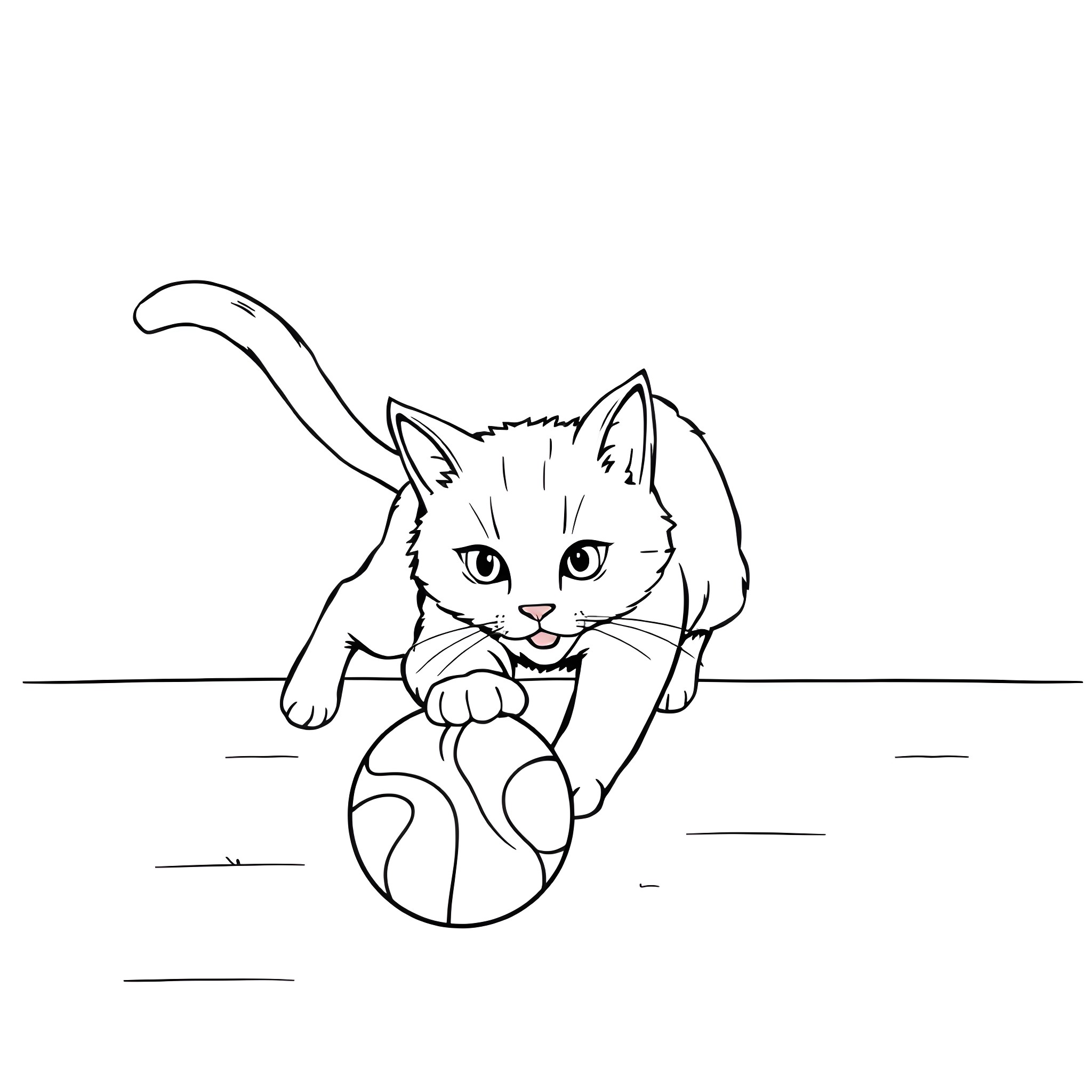 Cat playing with a ball Coloring Page (free black-and-white line drawing printable PDF for all, from beginners to advanced learners, including children, teens, adults, and seniors)