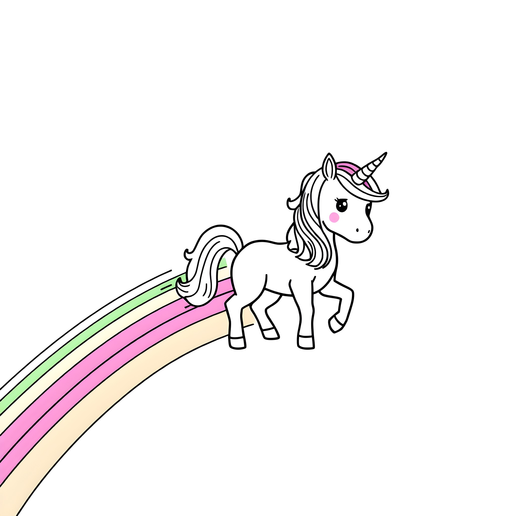 Unicorn riding on a colorful rainbow Coloring Page (free black-and-white line drawing printable PDF for all, from beginners to advanced learners, including children, teens, adults, and seniors)