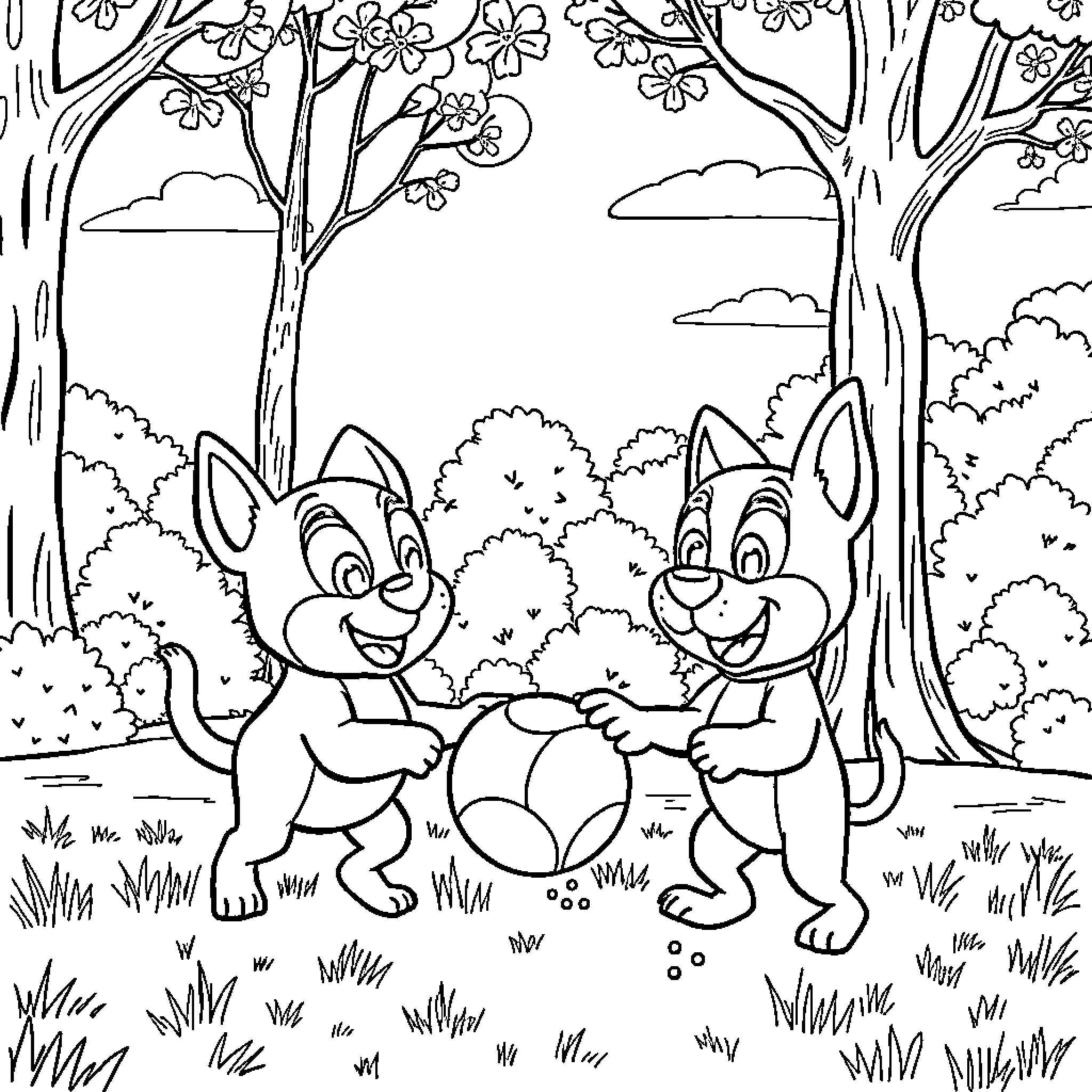 Bluey's Playful Adventure in the Enchanted Forest Coloring Page (free black-and-white line drawing printable PDF for all, from beginners to advanced learners, including children, teens, adults, and seniors)