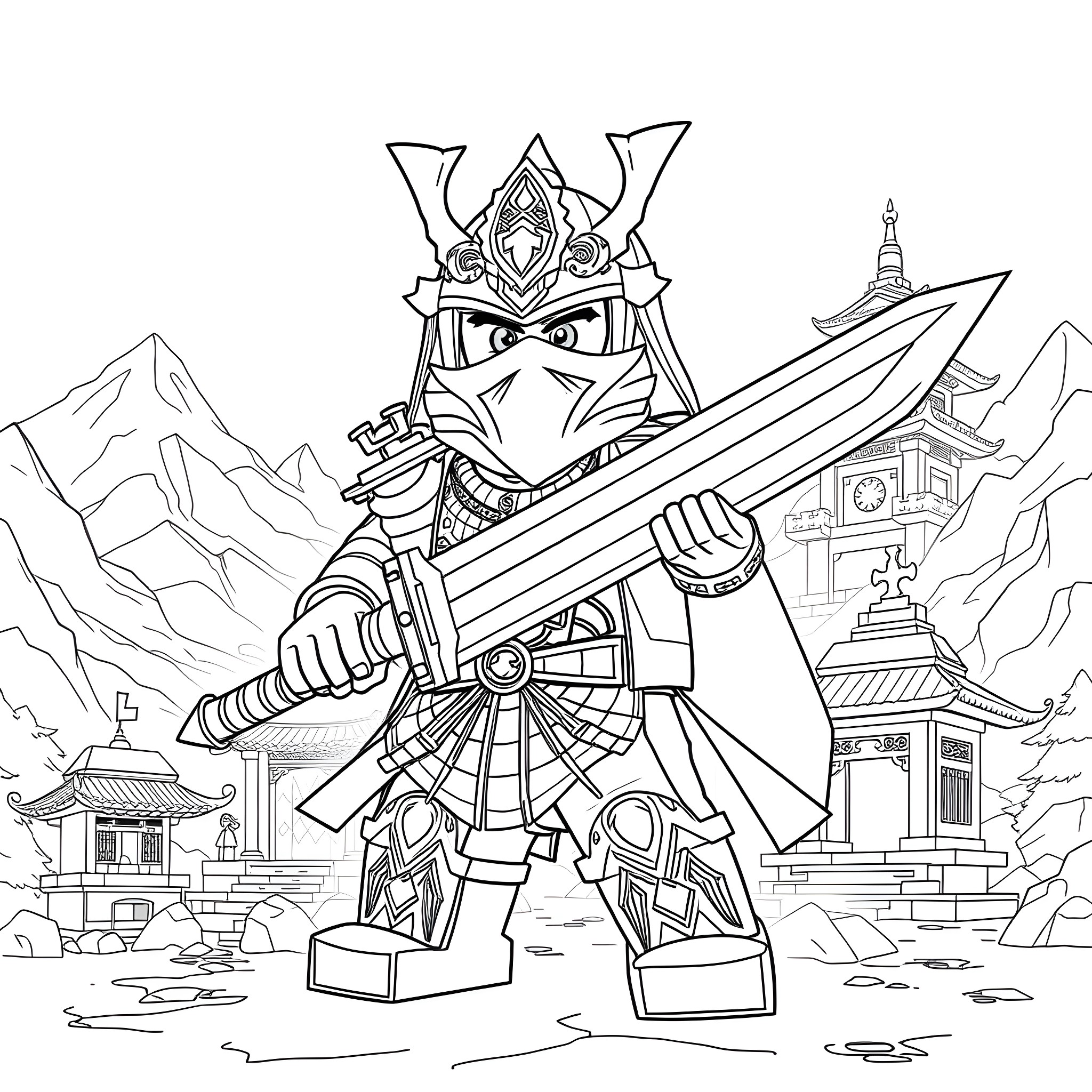 Samurai Warrior in Fierce Battle Stance Coloring Page (free black-and-white line drawing printable PDF for all, from beginners to advanced learners, including children, teens, adults, and seniors)