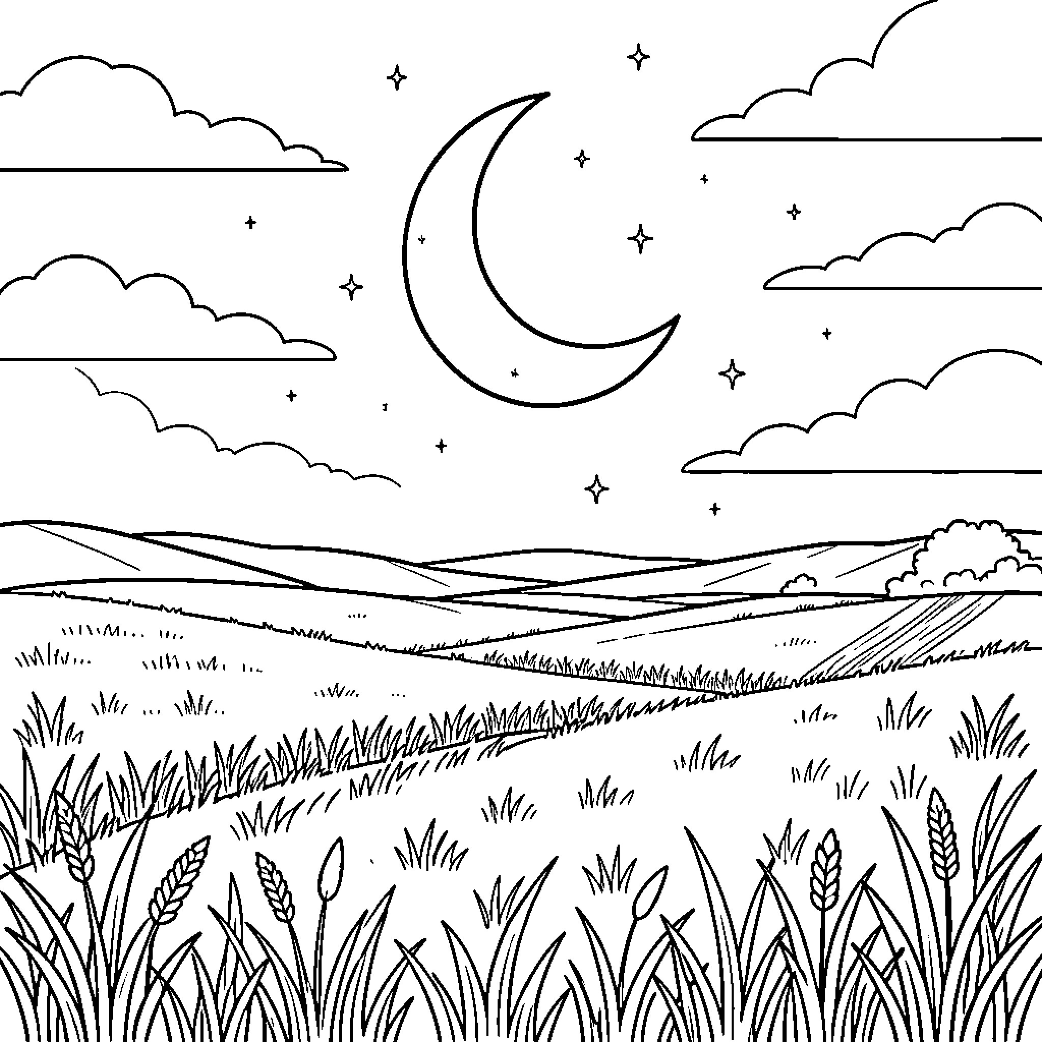 Crescent moon shining over rolling hills and grassy fields Coloring Page (free black-and-white line drawing printable PDF for all, from beginners to advanced learners, including children, teens, adults, and seniors)