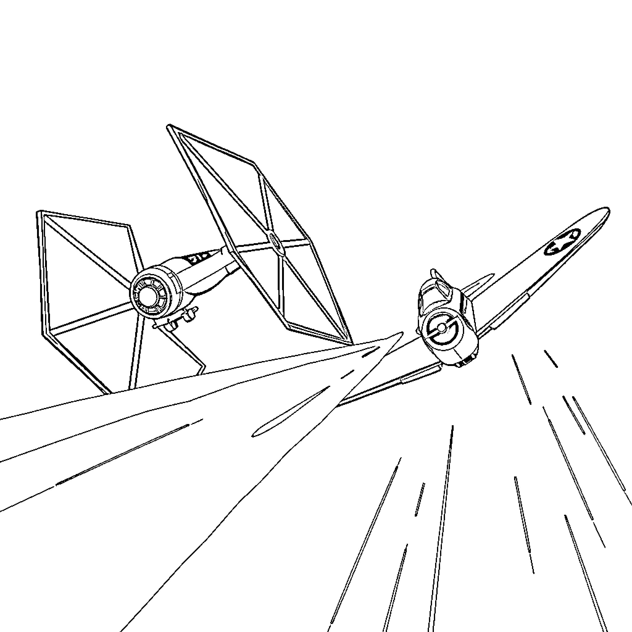 Tie Fighter pursuing X-Wing in epic space battle Coloring Page (free black-and-white line drawing printable PDF for all, from beginners to advanced learners, including children, teens, adults, and seniors)