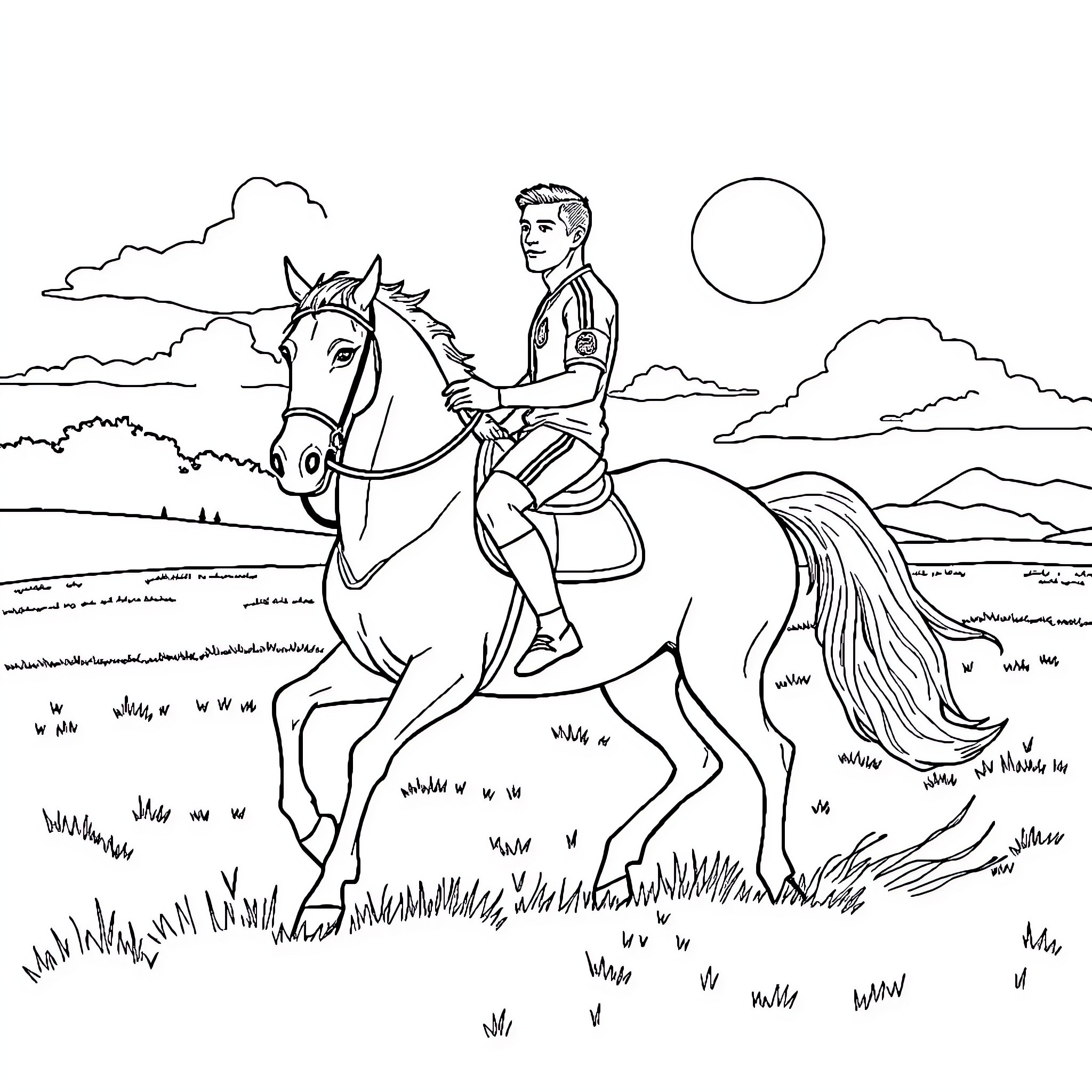 Ronaldo riding a horse across the countryside Coloring Page (free black-and-white line drawing printable PDF for all, from beginners to advanced learners, including children, teens, adults, and seniors)