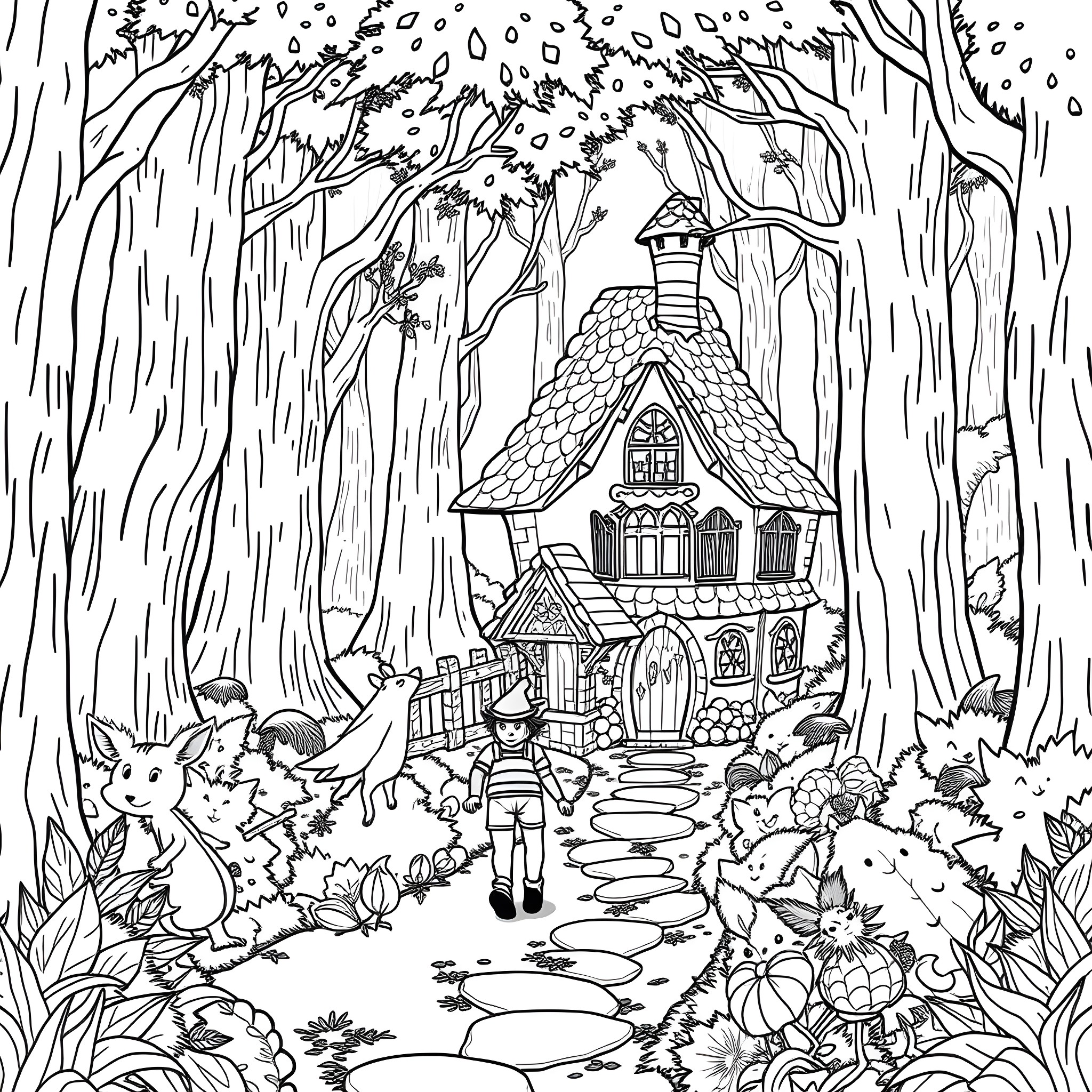 Hansel And Gretel Exploring The Enchanted Forest Coloring Page (free black-and-white line drawing printable PDF for all, from beginners to advanced learners, including children, teens, adults, and seniors)