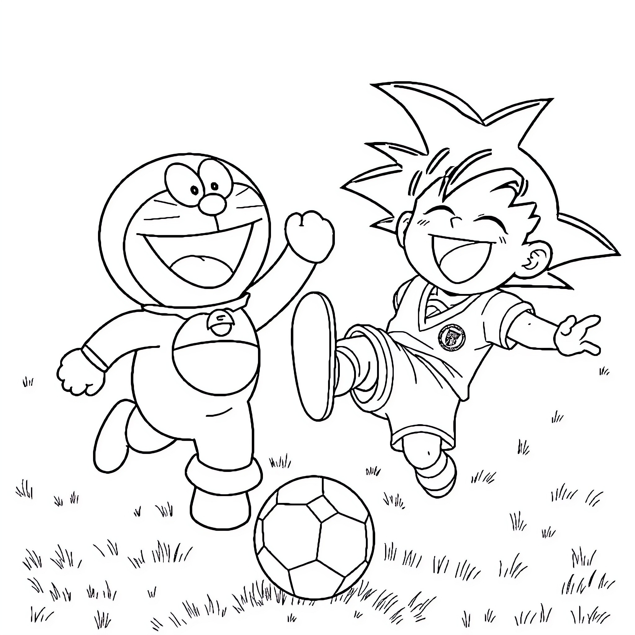 Doraemon and Boy Playing Football Happily Coloring Page (free black-and-white line drawing printable PDF for all, from beginners to advanced learners, including children, teens, adults, and seniors)