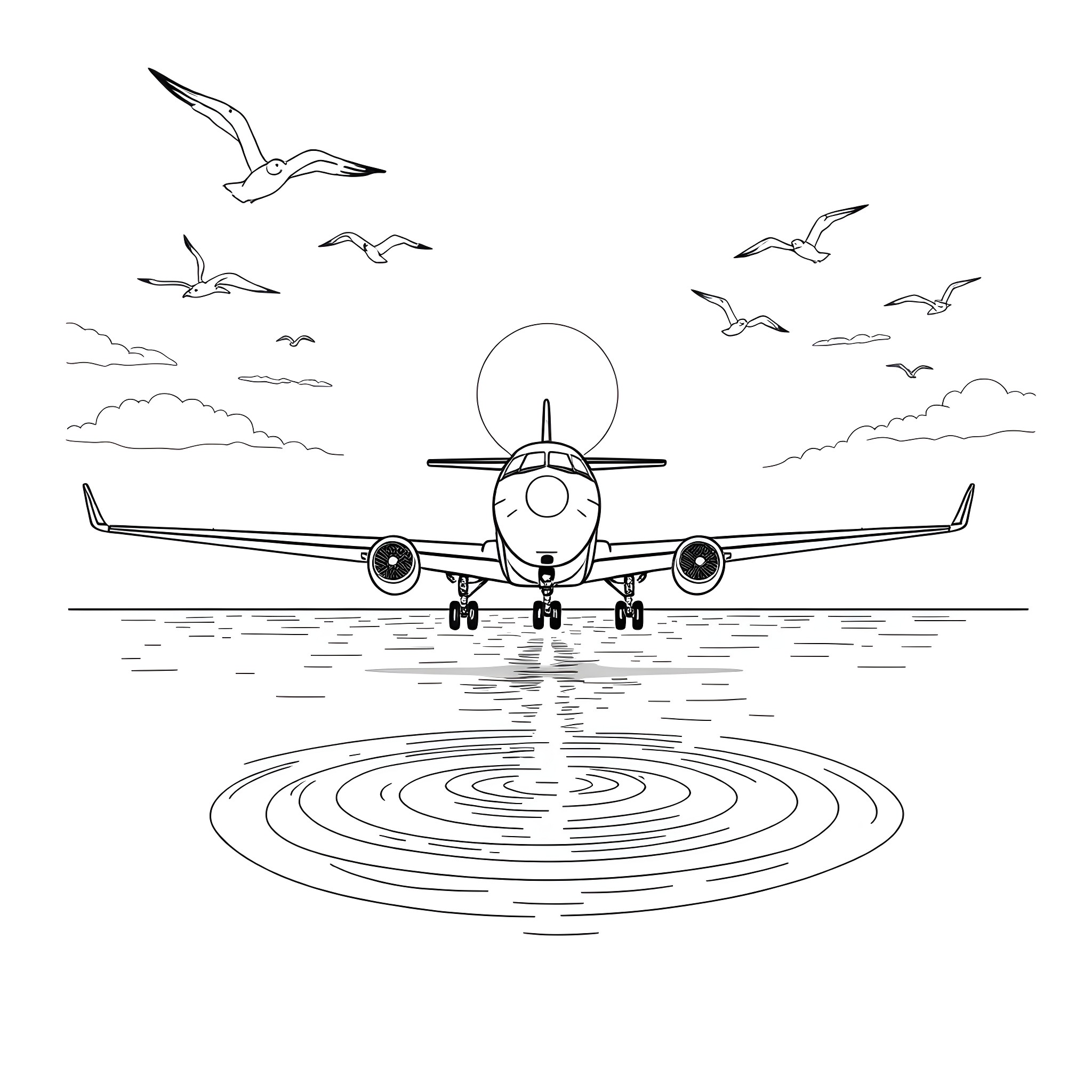 Airplane landing on the ocean Coloring Page (free black-and-white line drawing printable PDF for all, from beginners to advanced learners, including children, teens, adults, and seniors)
