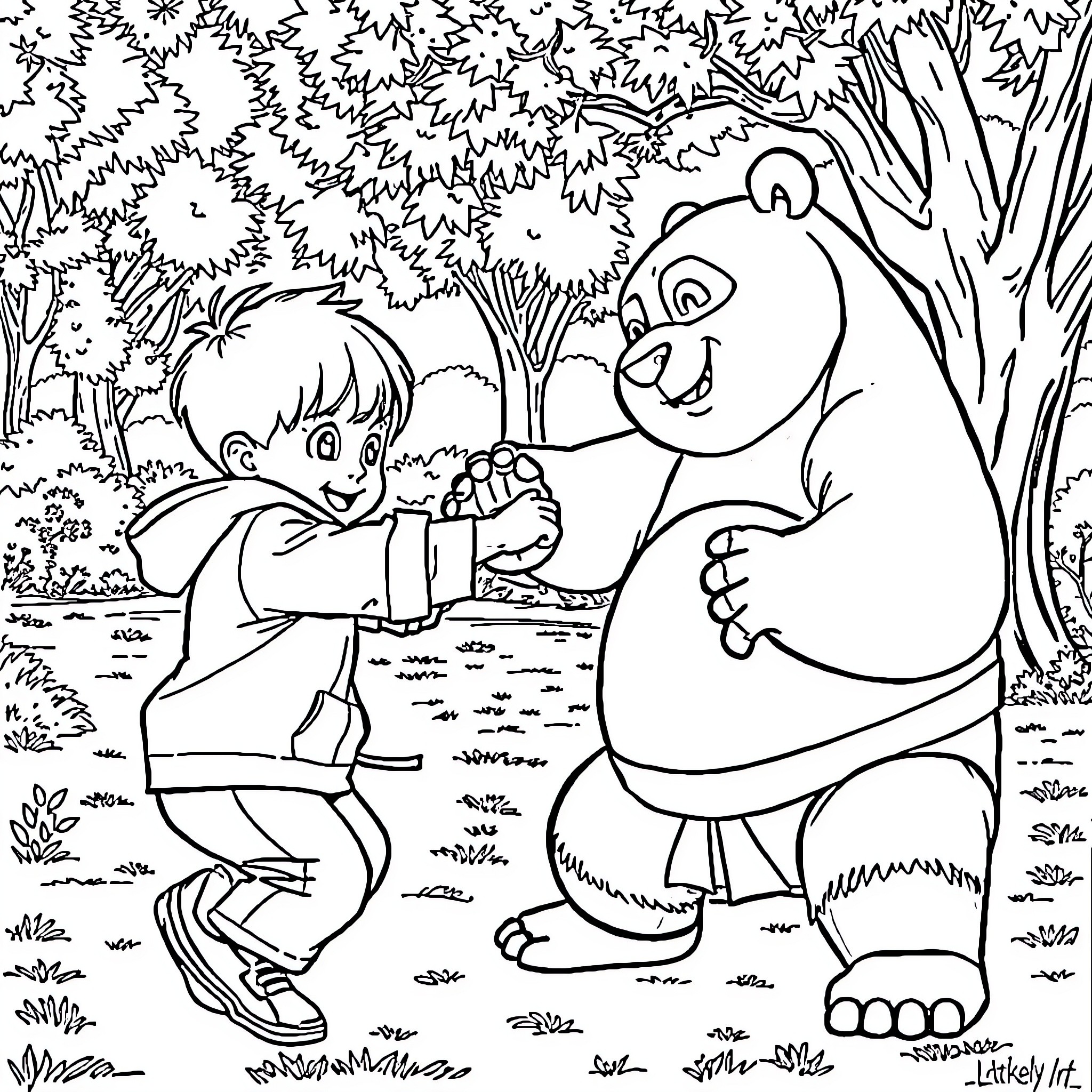 Kid playing with friendly bear in forest Coloring Page (free black-and-white line drawing printable PDF for all, from beginners to advanced learners, including children, teens, adults, and seniors)