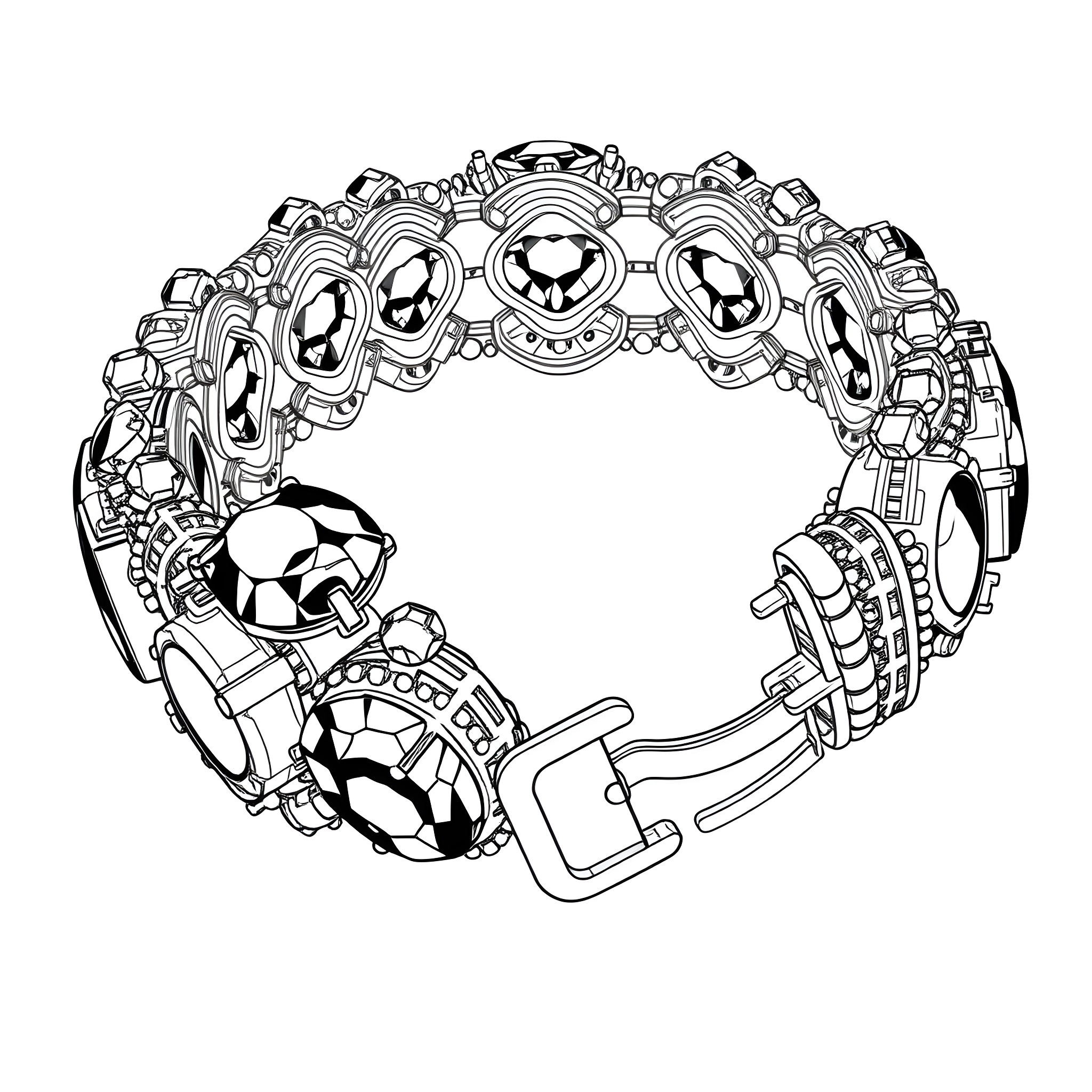 Gemstone Wreath of Intricate Shapes Coloring Page (free black-and-white line drawing printable PDF for all, from beginners to advanced learners, including children, teens, adults, and seniors)